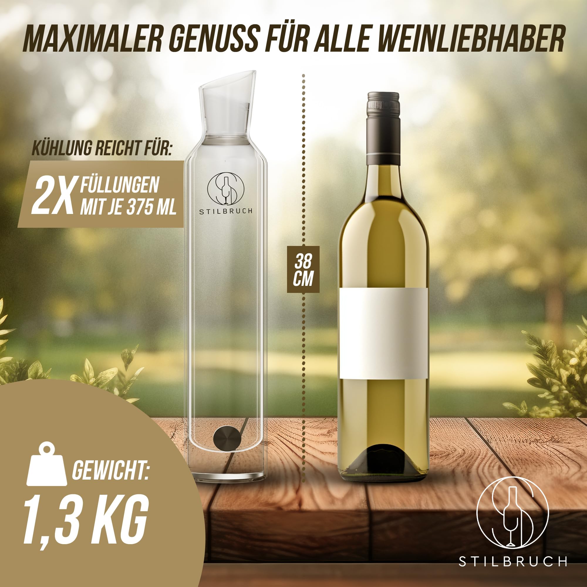 Stilbruch® Enfriador de vino [2-IN-1] Decantador de vino, enfriador de champán, decantador de vino – Sé el anfitrión perfecto: vino blanco frío en 5 minutos | Enfriador de botellas, enfriador de