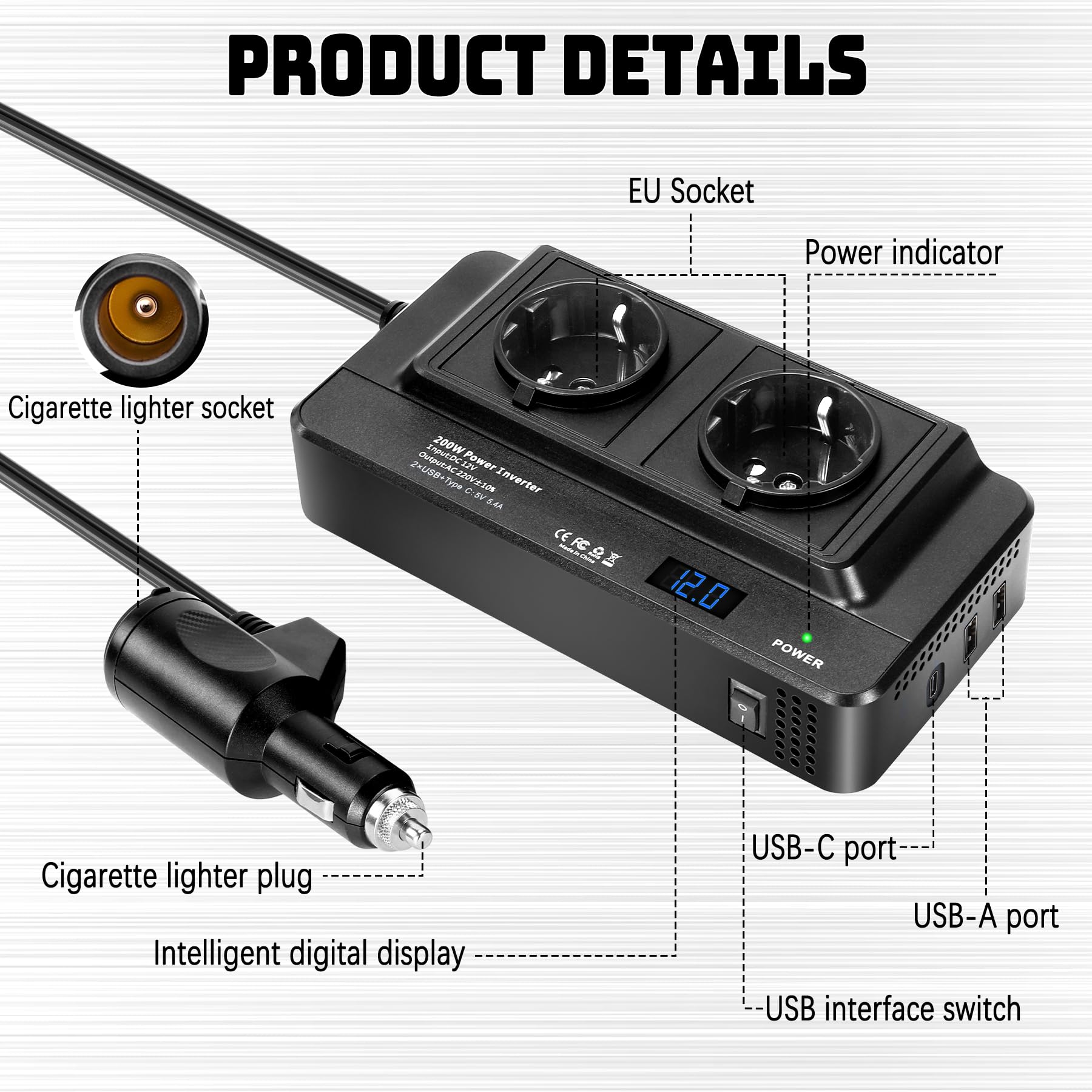NUOWEIDE 200W Inverter 12V 220v Auto, 200W Convertitore NUOWEIDE 200W Inverter 12V 220v Auto, 200W Convertitore