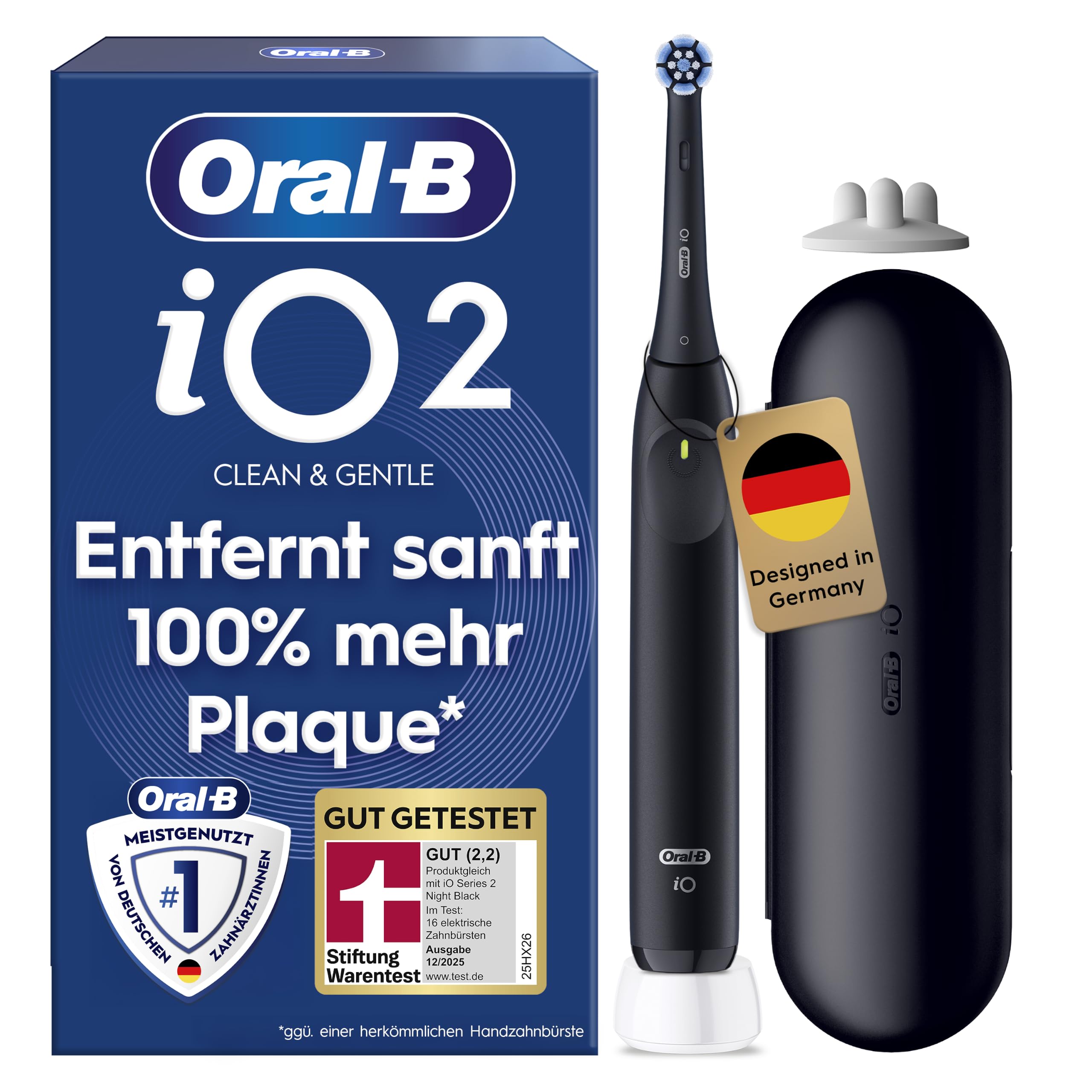 Oral-B iO Series 2 Elektrische Zahnbürste, Schwarz | Inkl. 1 Aufsteckbürste, Reise-Etui, GUT GETESTET von STIFTUNG WARENTEST, Electric Toothbrush mit 3 Putzmodi für Zahnpflege