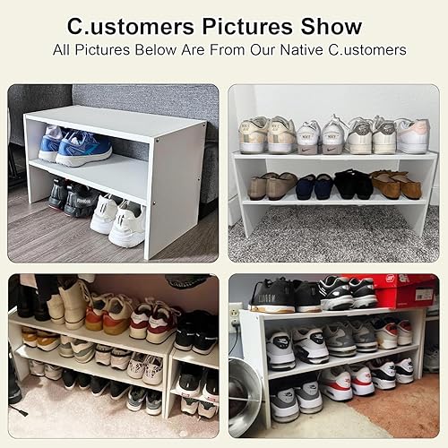 Miniatura 8 de Paquete de 2 zapateros blancos para armario, estante pequeño expandible de 2 niveles, organizador de zapatos apilable de madera de hierro, estantes