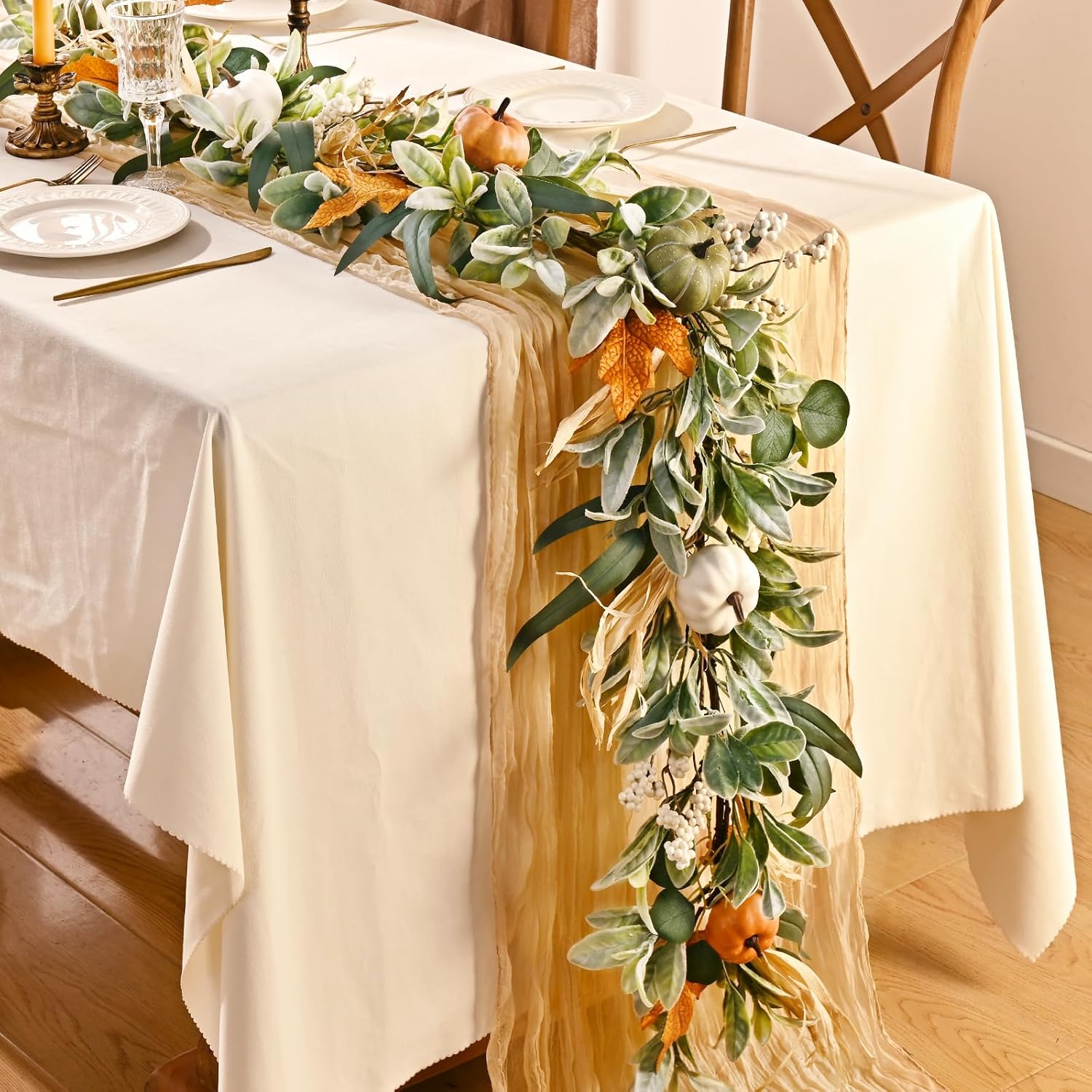 Fall Green Garland for Mantel, 6 FT Fall Autumn Garland with Light, Lighted Autumn Garlands with Faux Lamb's Ear & Pumpkins, Thanksgiving Table Centerpiece, Fall Decorations for Home Porch Fireplace
