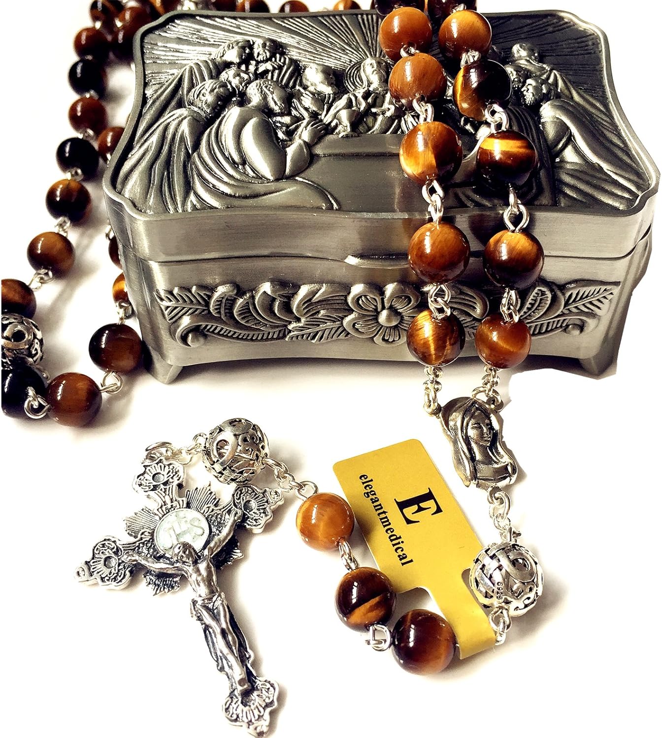 elegantmedical Bali Sterling Silver Beads & Tiger Eye GIFT CATHOLIC ROSARY CROSS NECKLACE BOX