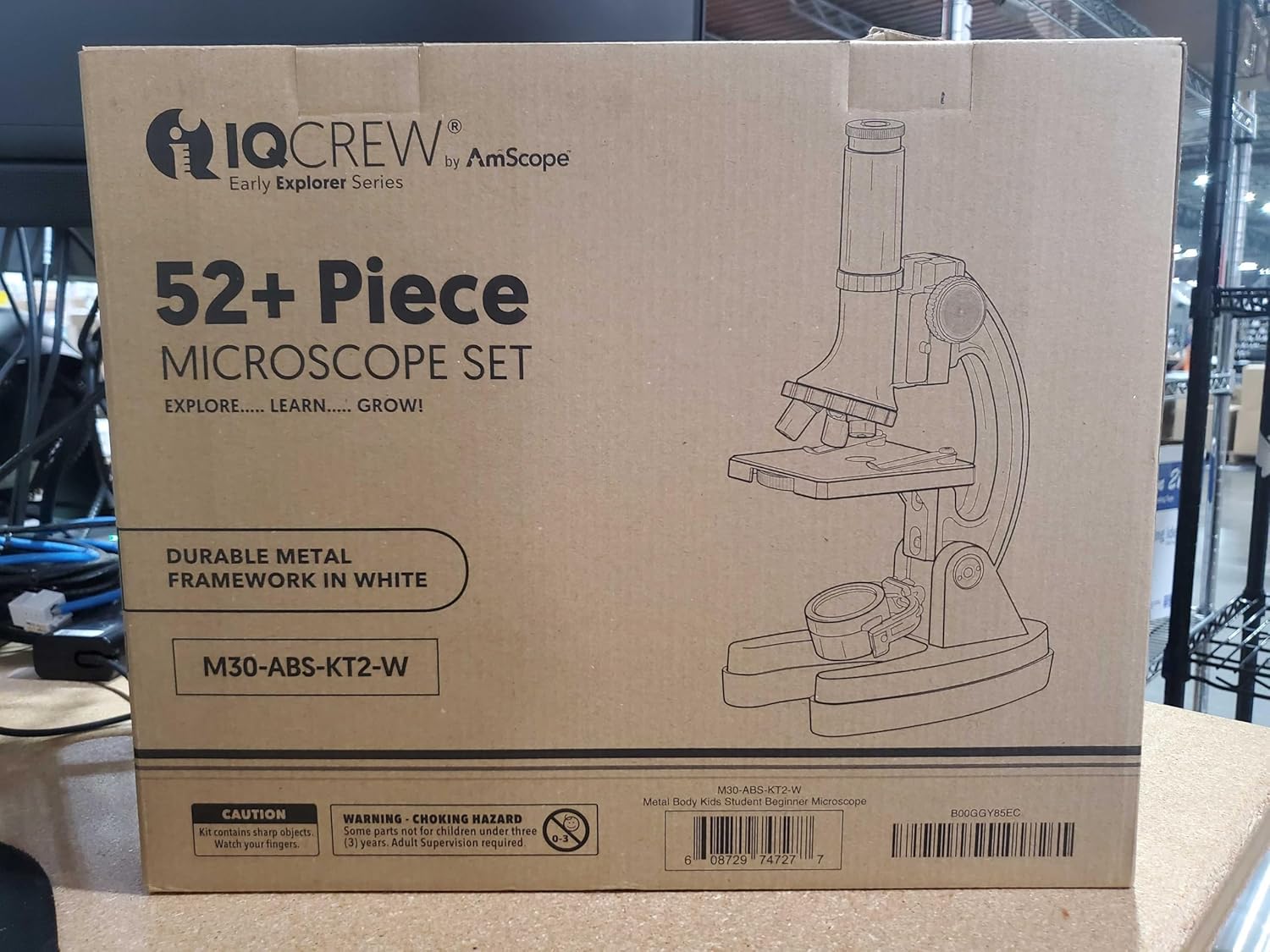 AmScope 120X-1200X 52-pcs Beginner Microscope STEM Kit with Metal Body Microscope, Plastic Slides, LED Light and Carrying Box (M30-ABS-KT2-W),White