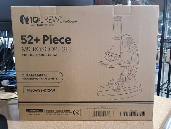 AmScope 120X-1200X 52-pcs Beginner Microscope STEM Kit with Metal Body Microscope, Plastic Slides, LED Light and Carrying Box (M30-ABS-KT2-W),White