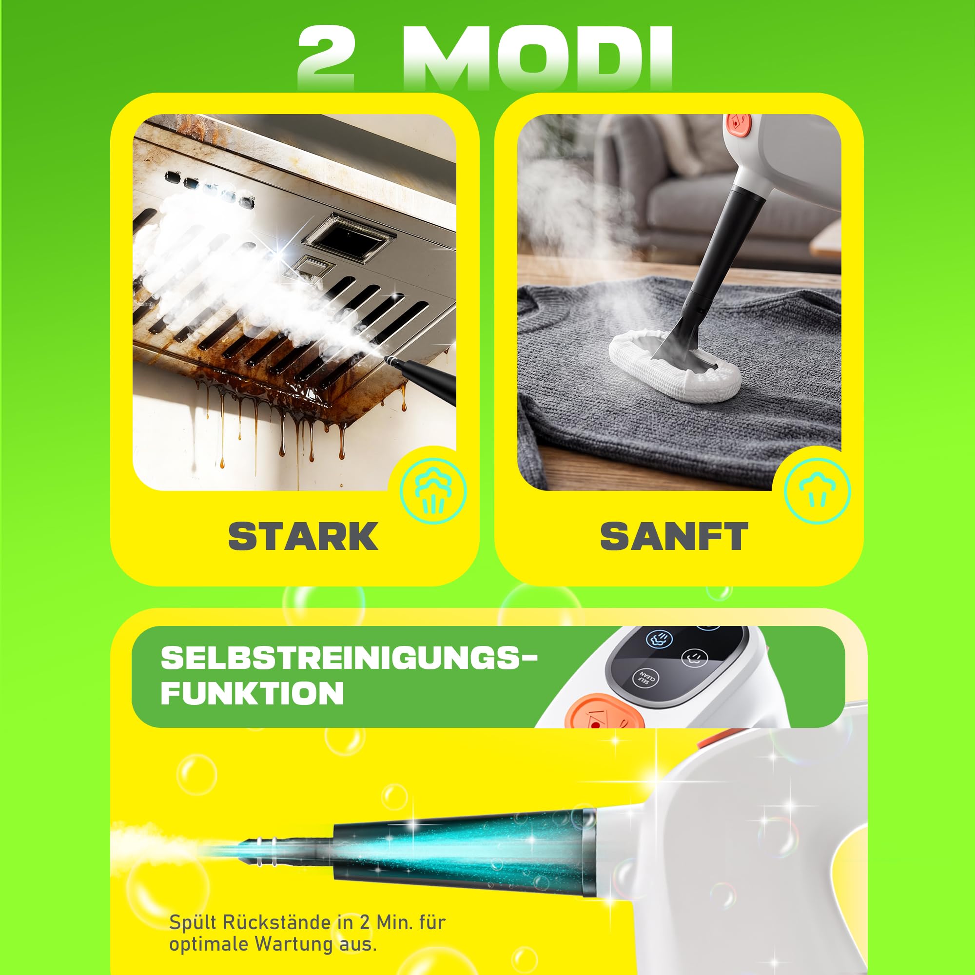 Handdampfreiniger 1200W, 500ml abnehmbarer Wassertank mit Reinigungsmittelspender, entfernt Fett und Schmutz, Dampfreiniger Handgerät für Küche, Bad, Fugen, Fenster & Haushalt
