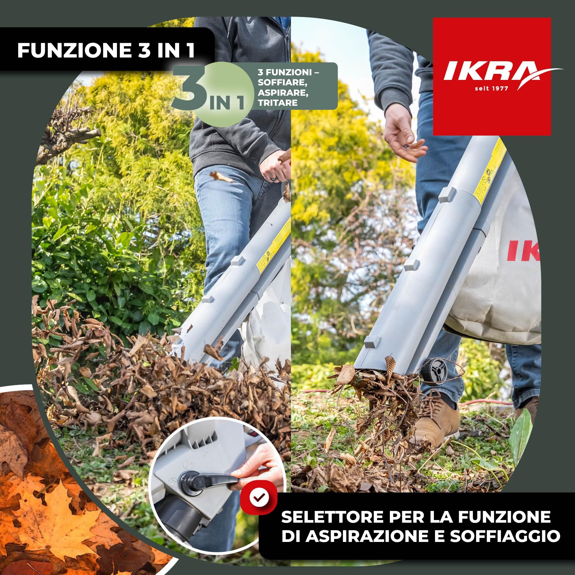 IKRA aspiratore soffiatore elettrico IBV 3000 3in1, 3000W, 240 km/h | Regolazione della velocità variabile, commutazione rapida soffiatore/aspiratore, sacco 45 l, compressione 10:1