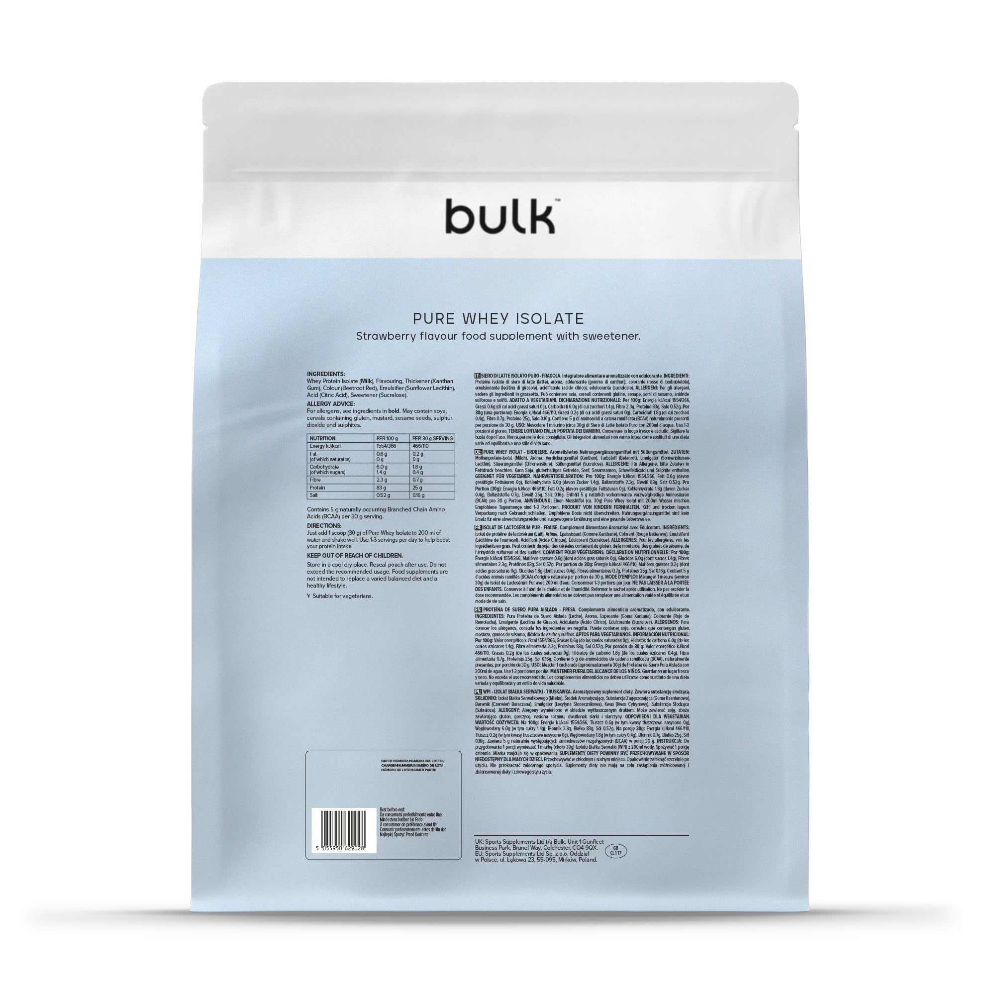 Bulk Pure Whey Isolate, Fraise, 4kg | 24 à 26g de Protéines, 100% Isolat de Whey, Faible en Sucres et Lipides, Mélange Facile, Contribue au Maintien Musculaire
