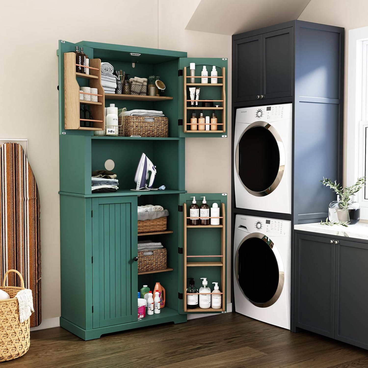 HLR 72" Kitchen Pantry Storage Cabinet, Freestanding Larder Cupboard, Kitchen Hutch Cabinet with Microwave Stand,Utility Pantry with Doors and Shelves for Dining Room, Living Room