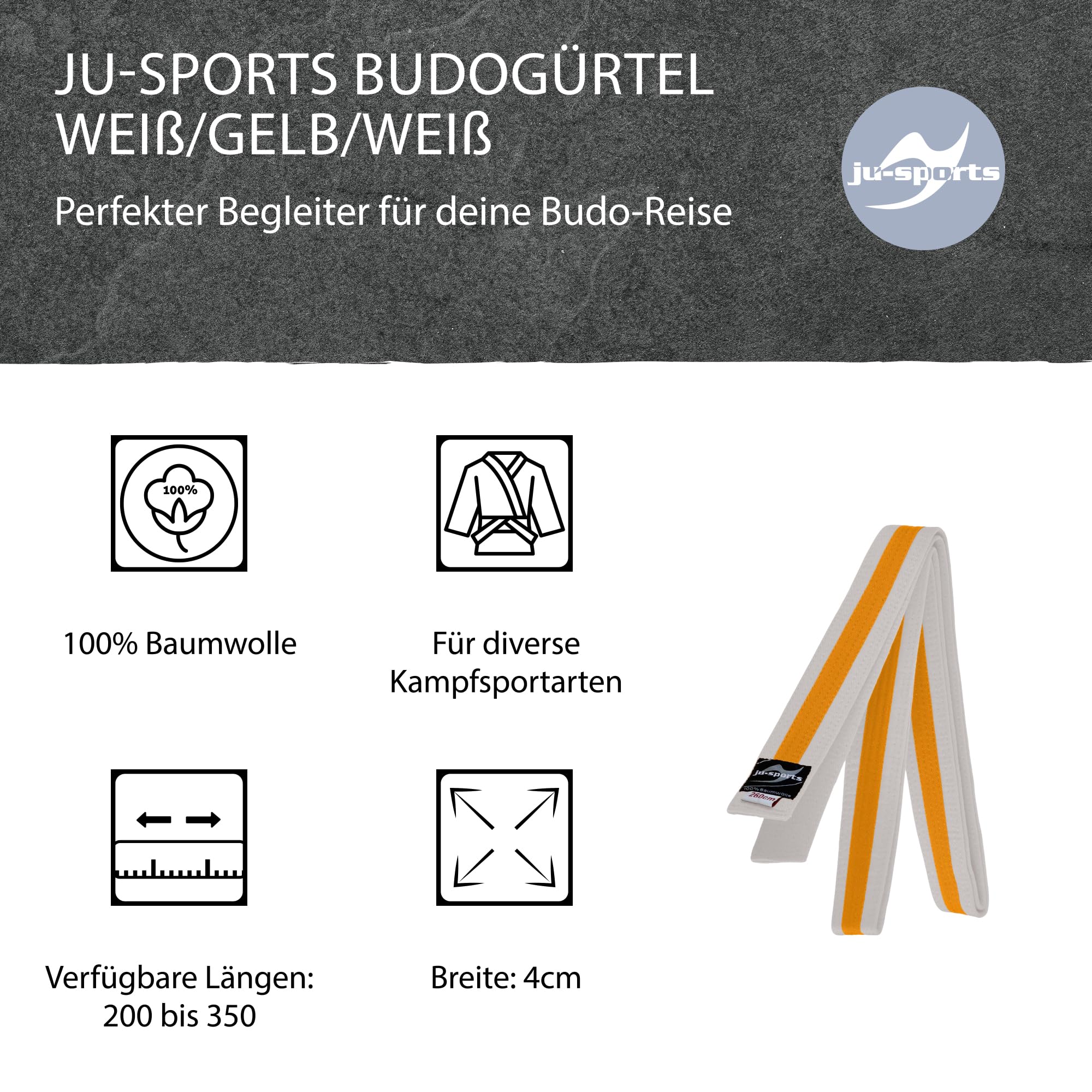 Ju-Sports Budogürtel weiß/gelb/weiß 100% Baumwolle 4 cm breit - Hautfreundlicher Kampfsport Gürtel mit exzellenter Feuchtigkeitsaufnahme für Budo, Judo, Karate, Kickboxen & mehr