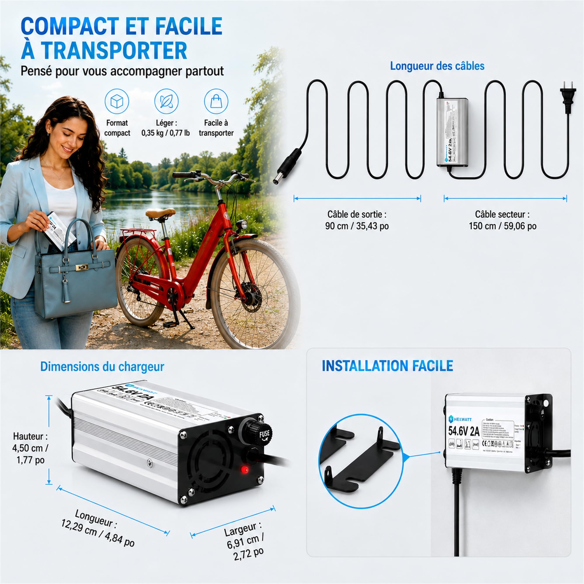 Chargeur de Batterie Lithium-ION Universel pour vélo électrique (eBike), Trottinette électrique et Hoverboard Remplacement avec 7 connecteurs (54.6V2A)