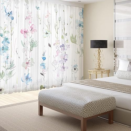 Miniatura 2 de Cortinas de hojas florales para sala de estar de 63 pulgadas de largo, juego de 2 paneles elegantes azules y rosas con estampado de flores de