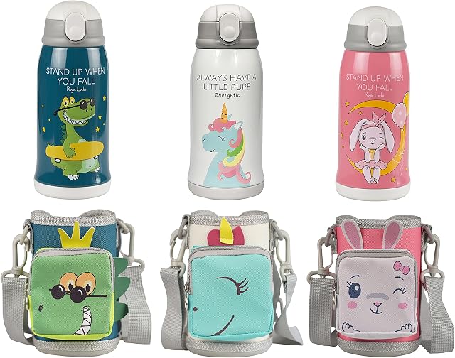 TRIWORIAE Stainless Steel Water Bottle with Strap Bag, Top of Cup and Straw Insulated Double Walled Vacuum Flasks Drinks Bottle Hot/Cold Drinks for Children Kids Boys Girls Dinosaur