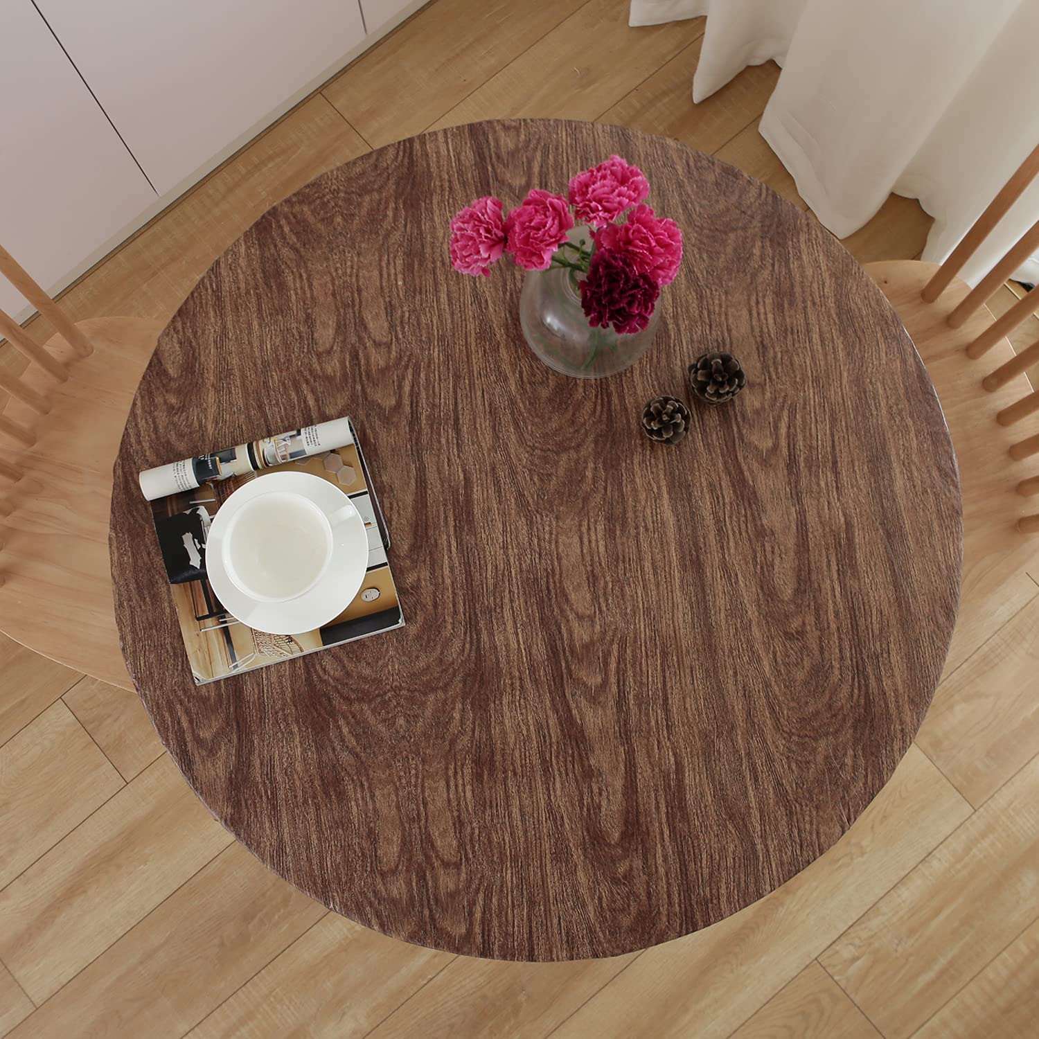 NLMUVW Round Fitted Vinyl Tablecloth with Elastic Edge 100% Waterproof Oil Proof PVC Table Cloth Wipe Clean Table Cover for Indoor and Outdoor, Dark Wood, 40"- 44" โ image 1