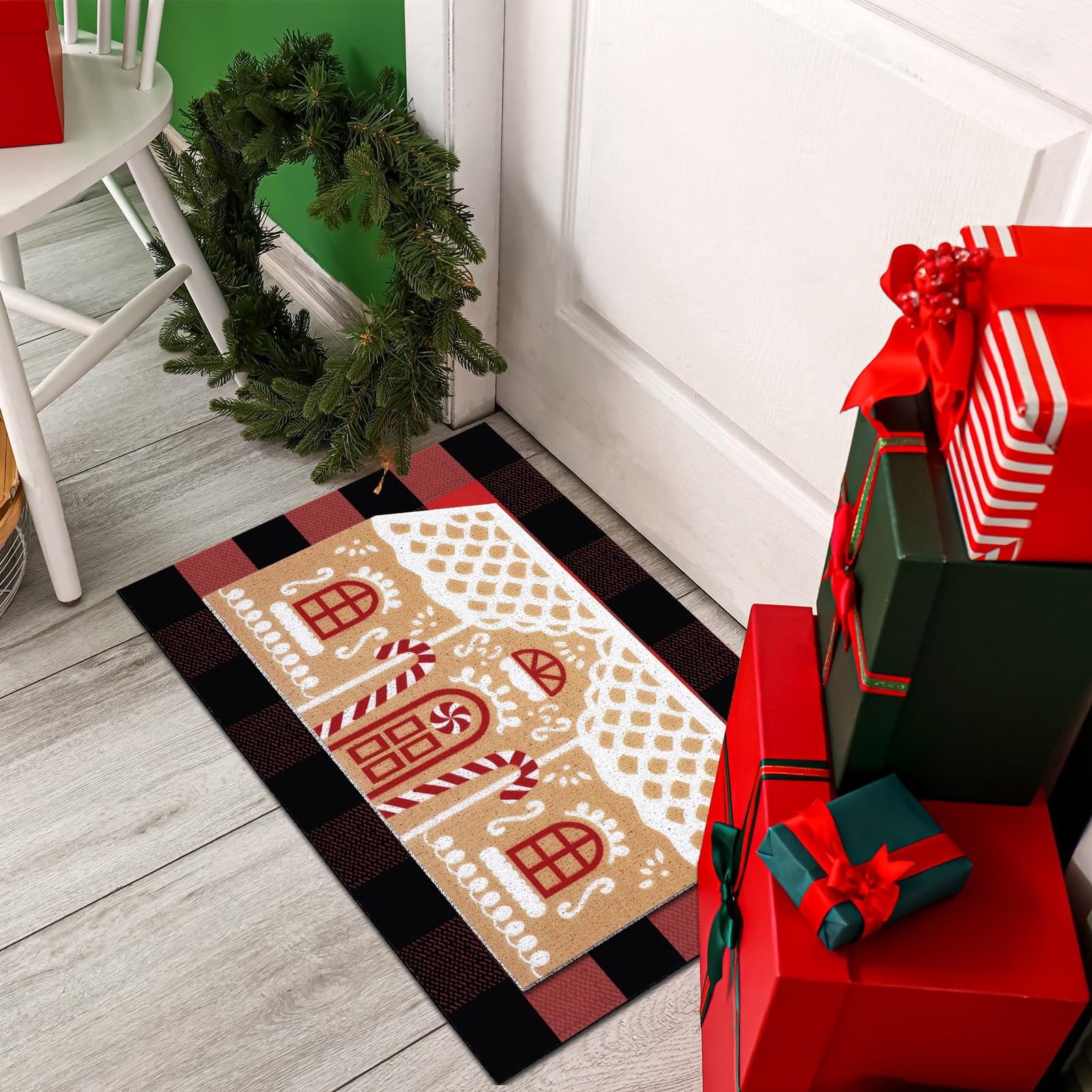 Tinideya Fußmatte mit Aufschrift "Merry Christmas", rutschfest, Motiv Lebkuchenhaus, Dorf, bunt, Weihnachtsmotiv, Büffelkariert, gestreift, für Eingangsbereich, Lebkuchenhaus, 2 Stück