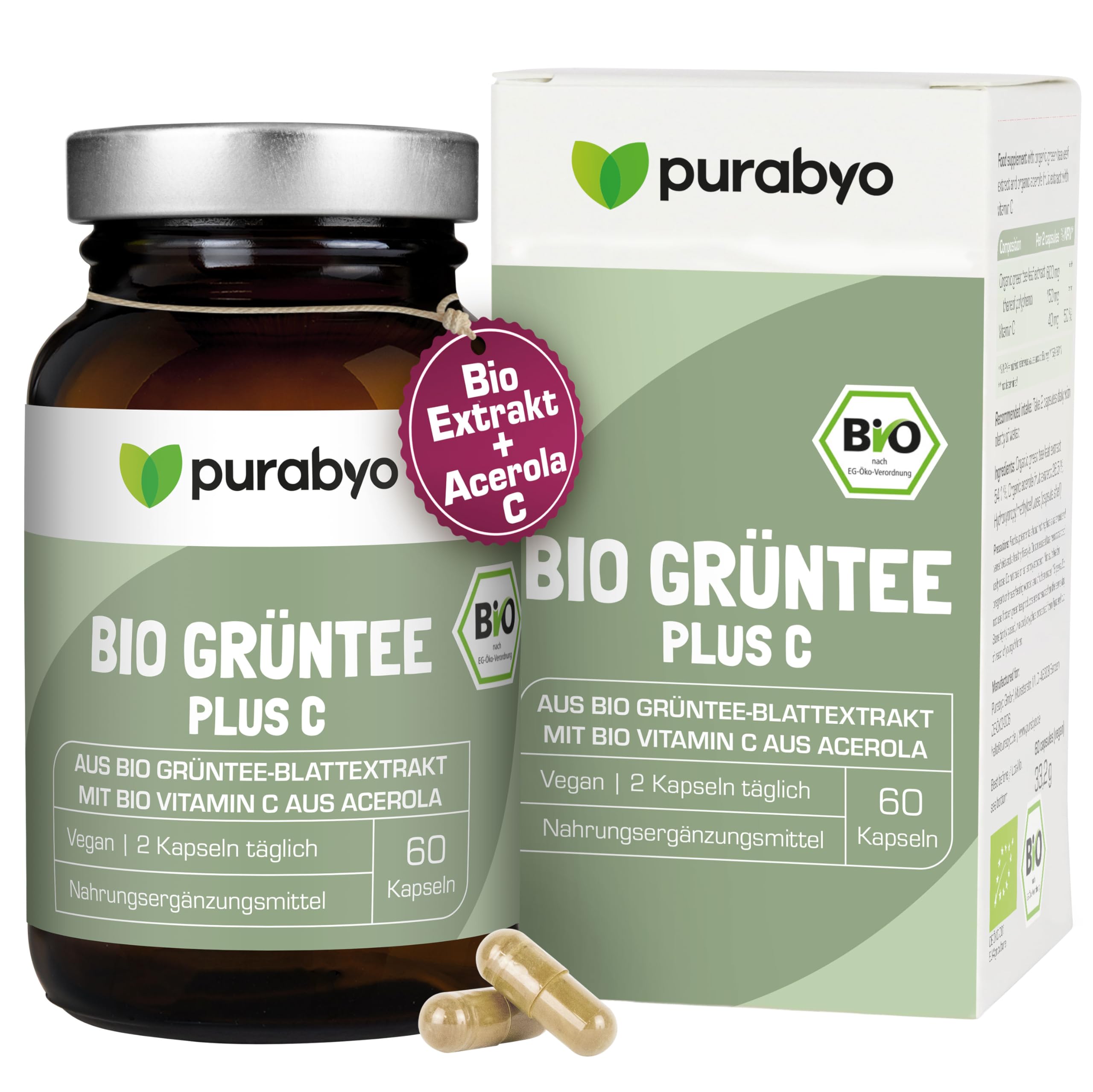 Purabyo BIO Grüntee Plus C | im Glas | Grüntee Extrakt mit 25% Polyphenolen | mit Bio Acerola C | Natürlicher EGCG Gehalt | vegan, laborgeprüft und in Deutschland hergestellt