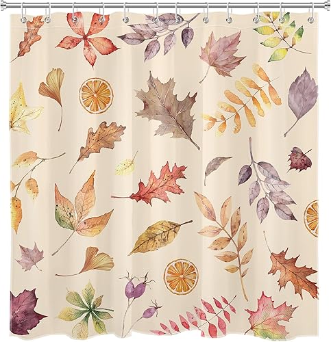 Miniatura 4 de EOBTAIN Cortina de ducha de hojas de plantas de otoño para baño, cortinas de ducha de tela beige con hojas de arce naranja y limón sobre tela beige