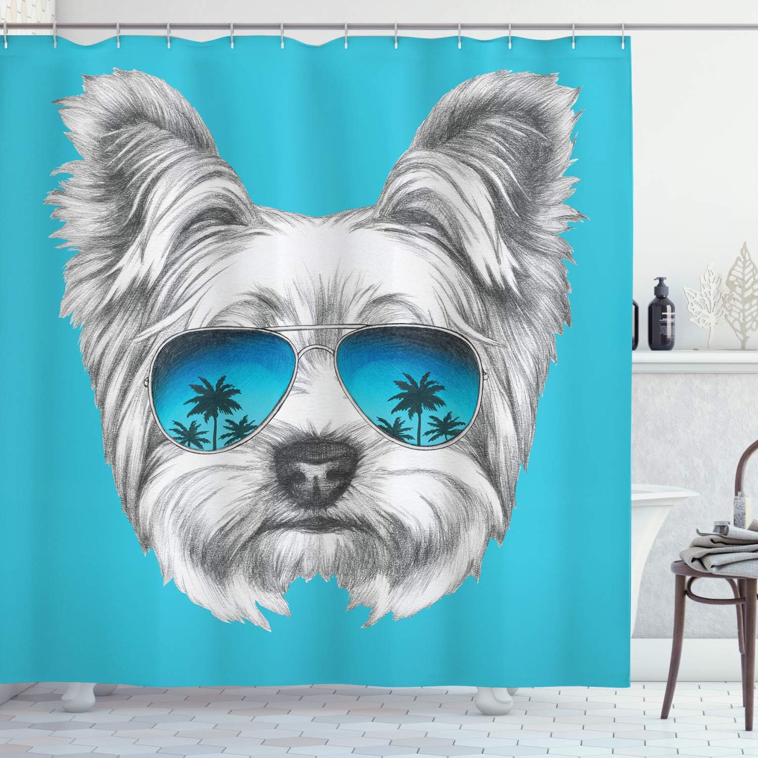 Ambesonne Yorkie Shower Curtain, Yorkshire Terrier Portrait with Cool Mirror Sunglasses Hand Drawn Animal Art, Cloth Fabric Bathroom Decor Set with Hooks, 69" W x 70" L, Blue White