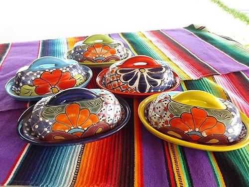 Miniatura 5 de Cuenco para Mantequilla de Cerámica Talavera con Tapa Pintada a Mano, Auténtica Cerámica Mexicana de Cocina, Diseño Floral (Rojo)