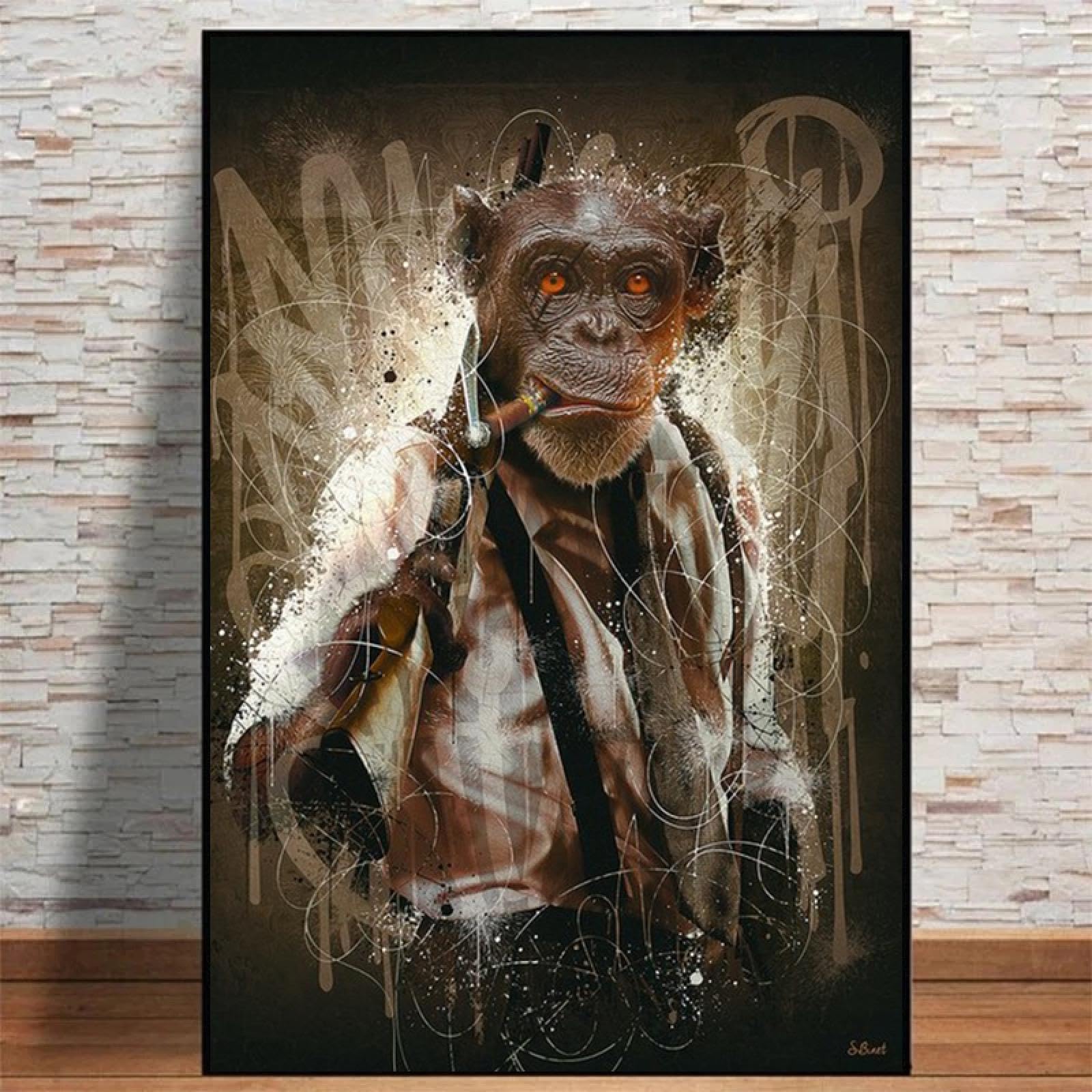 Poster con animali Divertente Fumare Musica Hip Hop Scimmia Pittura su tela Stampe d'arte da parete Immagini per soggiorno Decorazioni per la casa moderne 35x55 cm (14x22 pollici) cornice interna