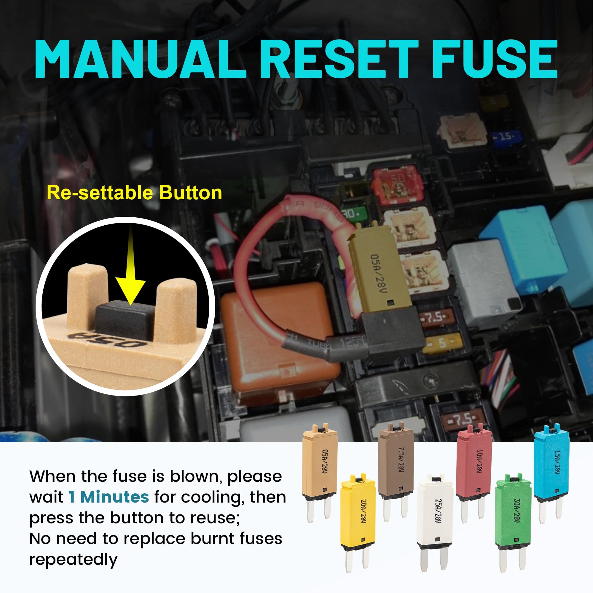 NuIth ATM Manual Reset Fuse Kit, 5A 7.5A 10A 15A 20A 25A 30A Low Profile Mini Blade Resettable Circuit Breaker Fuse DC 12V-28V for Car Truck RV Marine Electrical Diagnosis — Amazon image 2