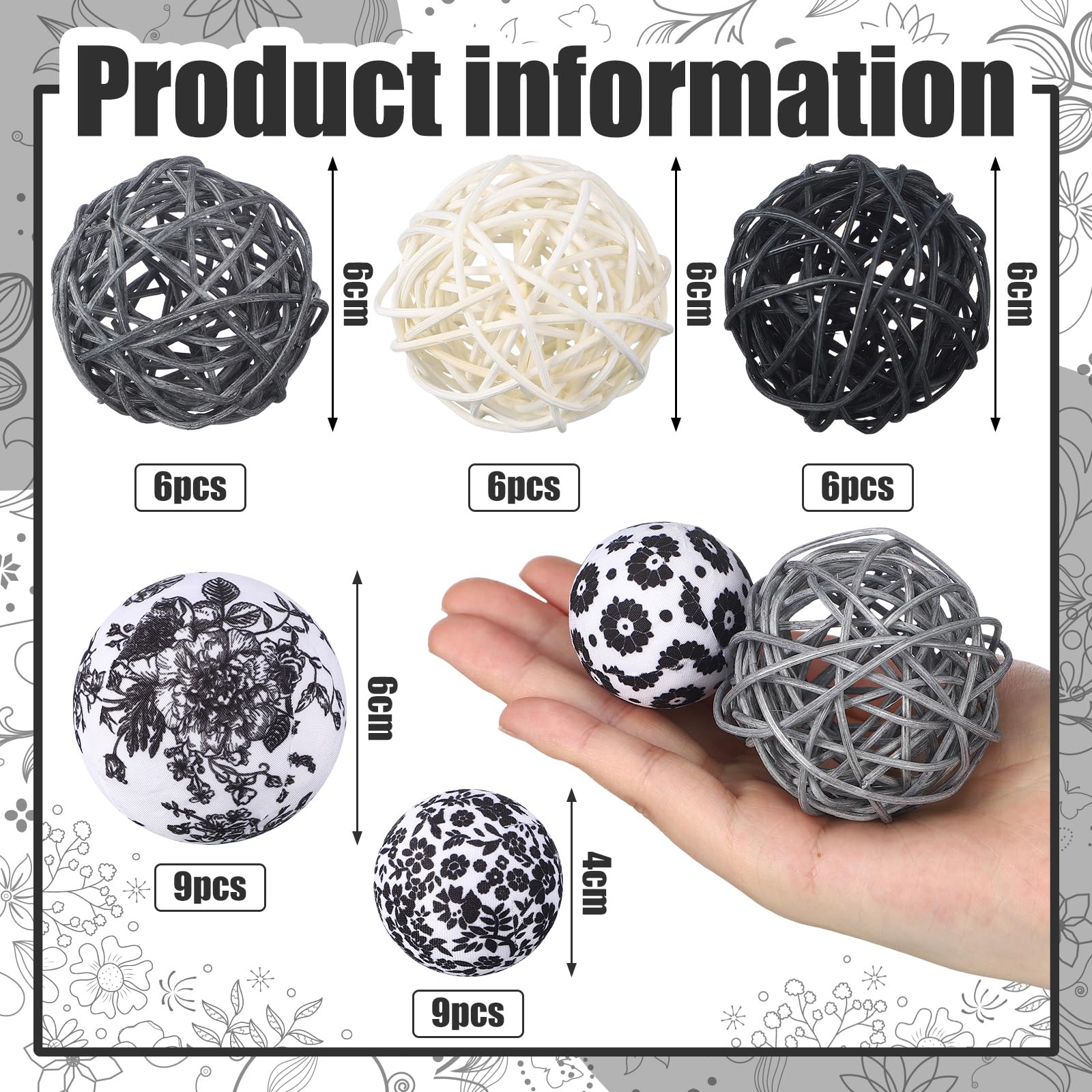 Halloscume 36 Pcs Decorative Fabric Balls for Centerpiece Bowls & Vases - 2.4 Inch Wicker Rattan Balls - Black & White