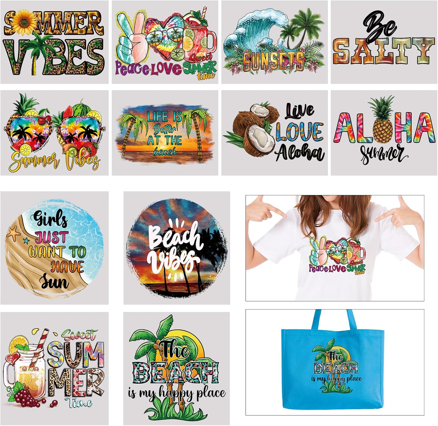 GRIART Summer Iron on Transfer Stickers T Shirt, 12pcs，Decals Heat