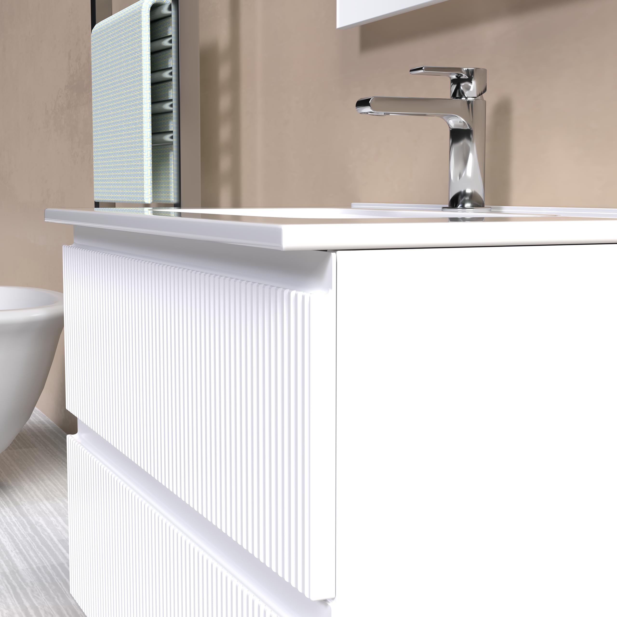 Mobile bagno EOS 80cm Doppio Cassetto Cannettato con lavabo, specchio e lampada BIANCO OPACO – MaMa Store