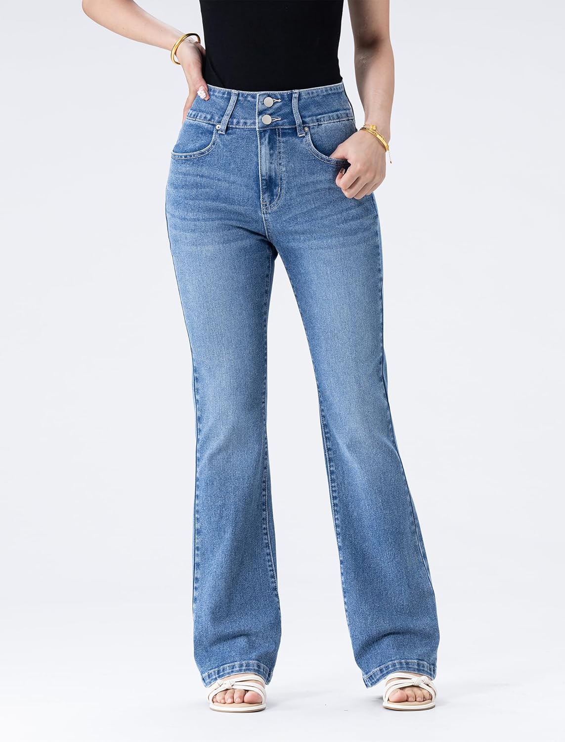 Women's Wide Leg Flare Jeans,High Waisted Baggy Stretch Denim Pants - Image 5