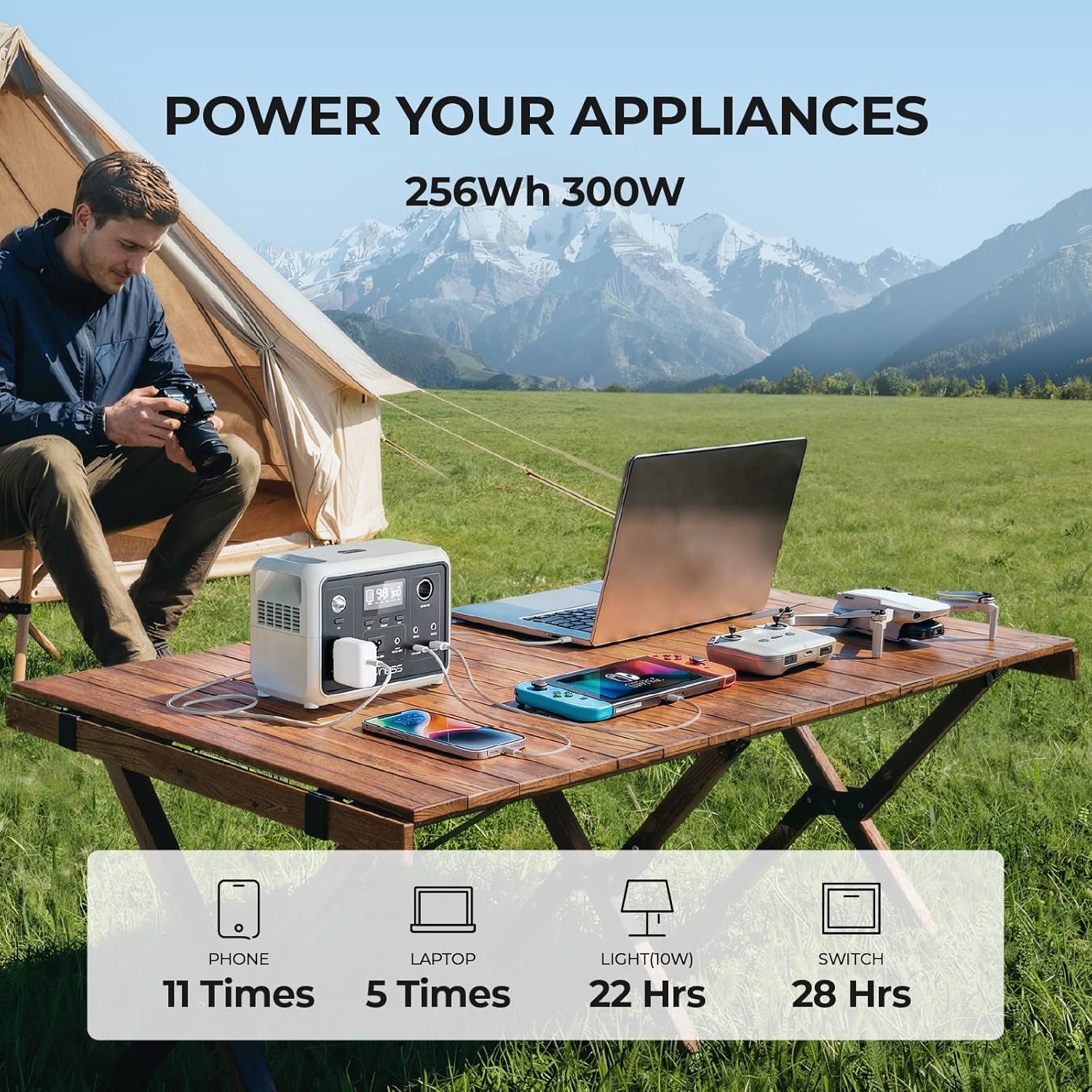 Portable Power Station 300W, 256Wh Solar Generator with 110V Pure Sine Wave AC Outlet, LiFePO4 Battery for Camping, Home Backup, RV, CPAP, Outdoor Emergency (Solar Panel Optional)