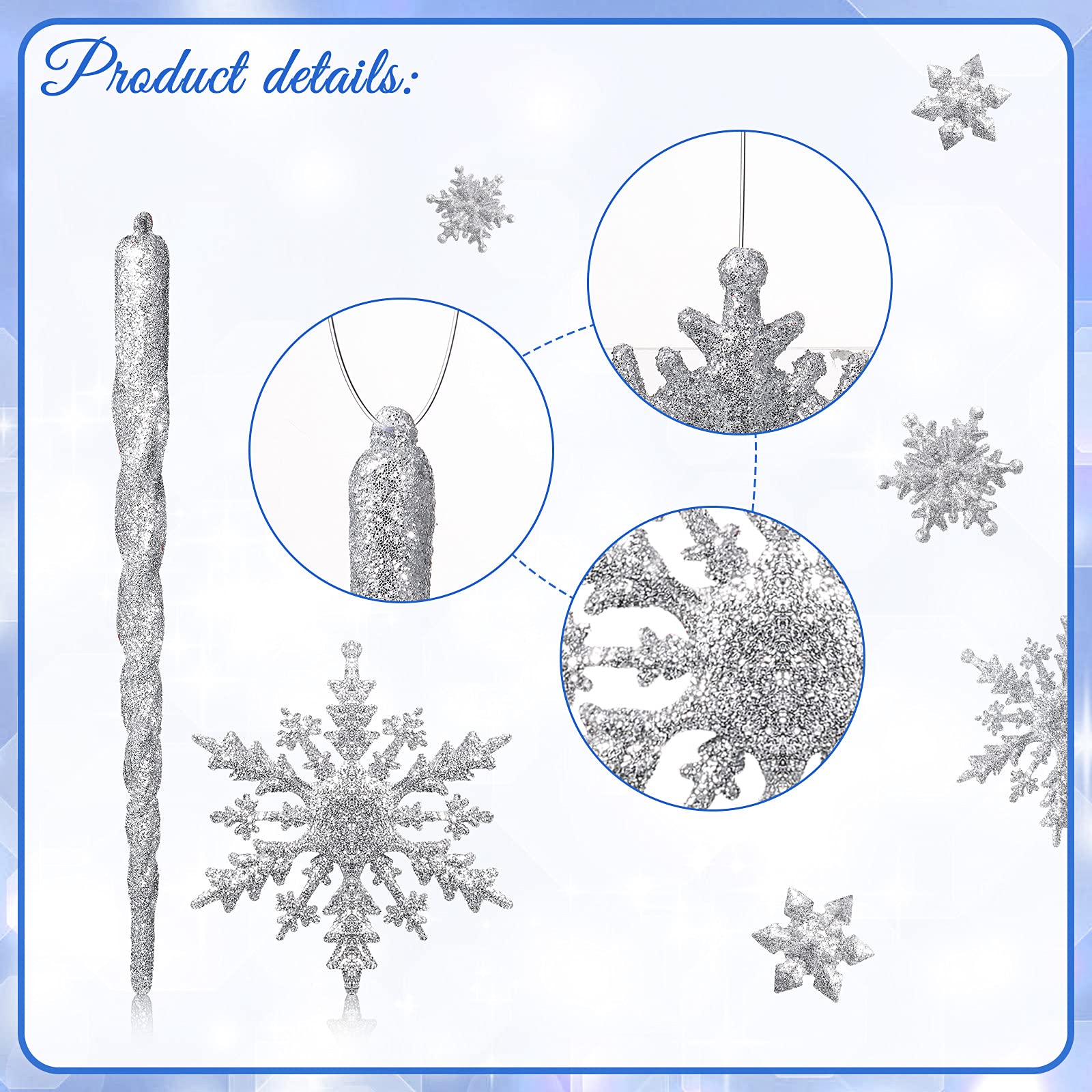 72 Stücke Acryl Eiszapfen Weihnachten Schneeflocke Eiszapfen Ornamente Hängende Eiszapfen Tropfen Ornamente Schneeflocke Eiszapfen Dekorationen Set für Weihnachtsbaum Dekoration (Silber)