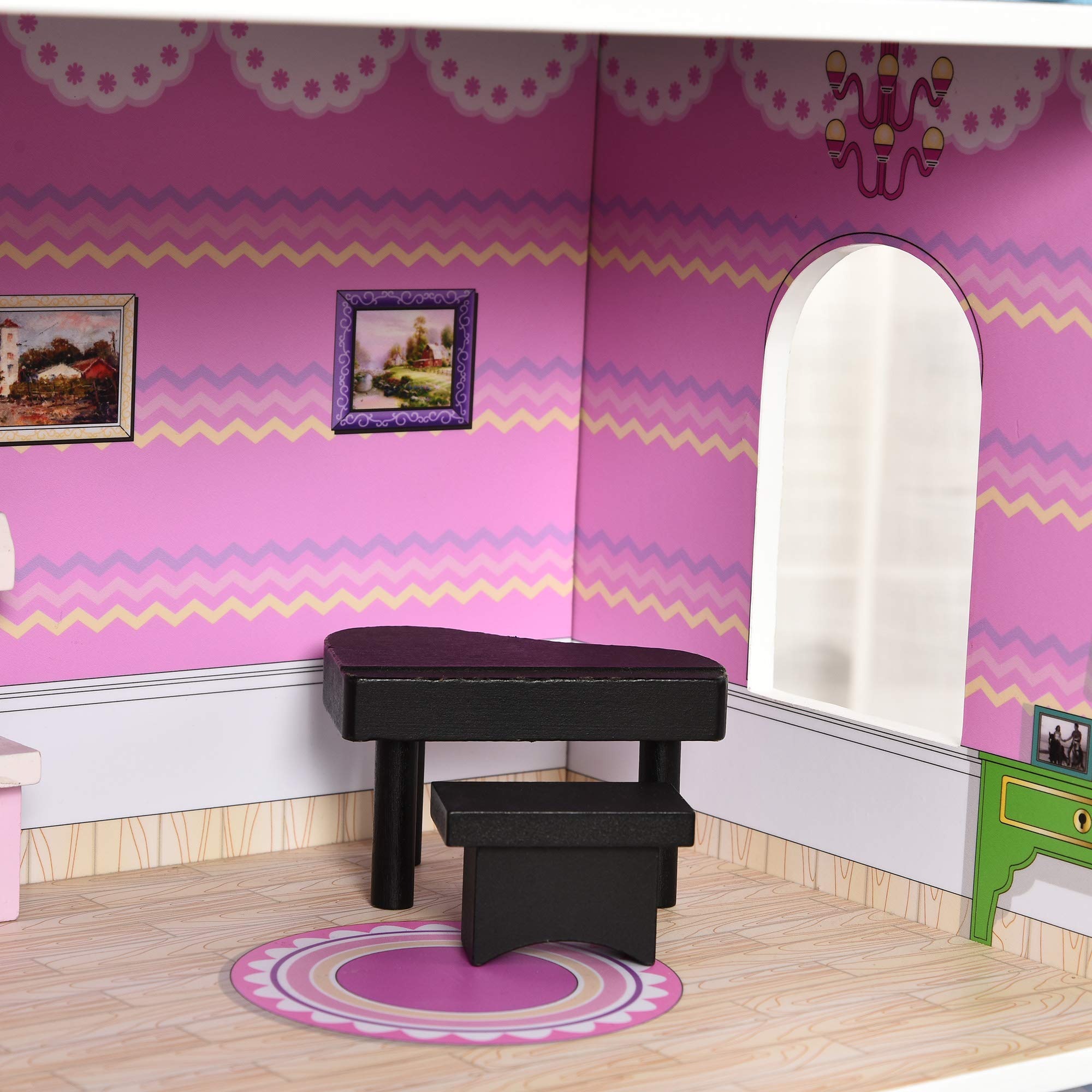 HOMCOM Casa de Muñecas de Madera de 3 Pisos con Patio 86x30x87 cm Rosa | Muebles y Accesorios de 13 Piezas, Diseño Lindo, Casita de Muñecas de Juguete