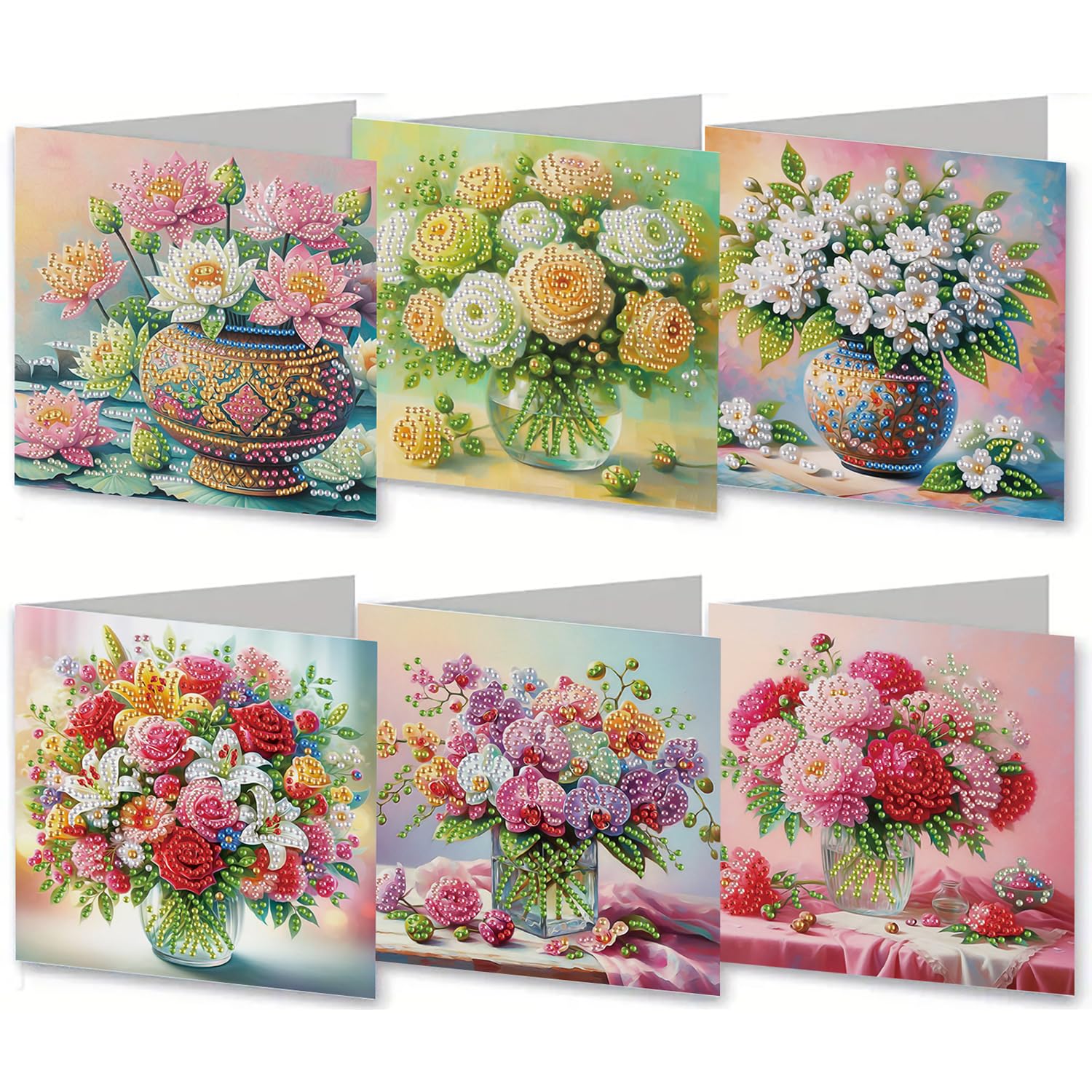6PCS 5D DIY Diamond Art Cards with Envelopes and Tools, Crystal Diamond Painting Greeting Card for Birthday Holiday Mother's Day Thank You (Flower) — image 1
