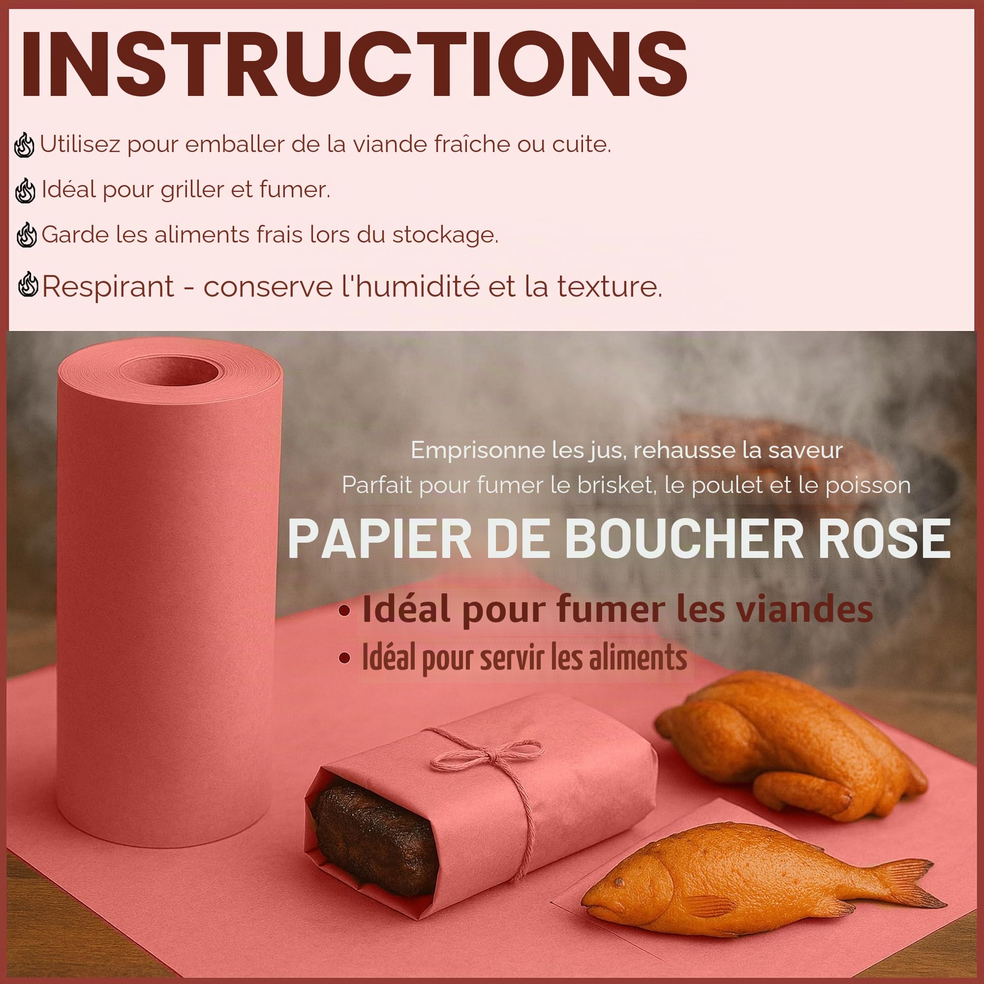 Rouleau de papier de boucher rose pour fumer de la viande – 76 cm x 18 m – Papier cadeau non blanchi de qualité alimentaire pour barbecue, four et fumoir de fosse.