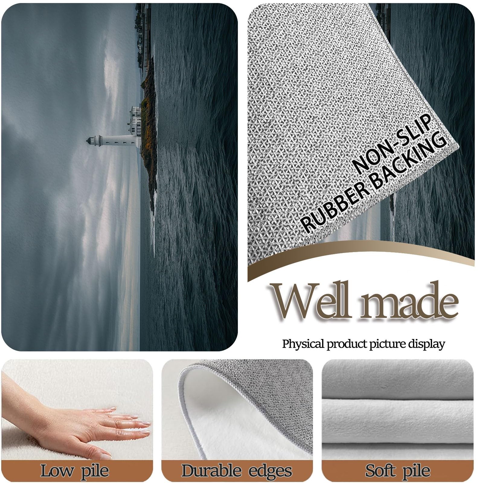 Époque Moderne Phare Mer Tapis Doux à Poils Ras, Gris 80 x 150 cm Lavable en Machine Antidérapant Tapis pour Salon Chambre Cuisine Chaise Enfants Chambre