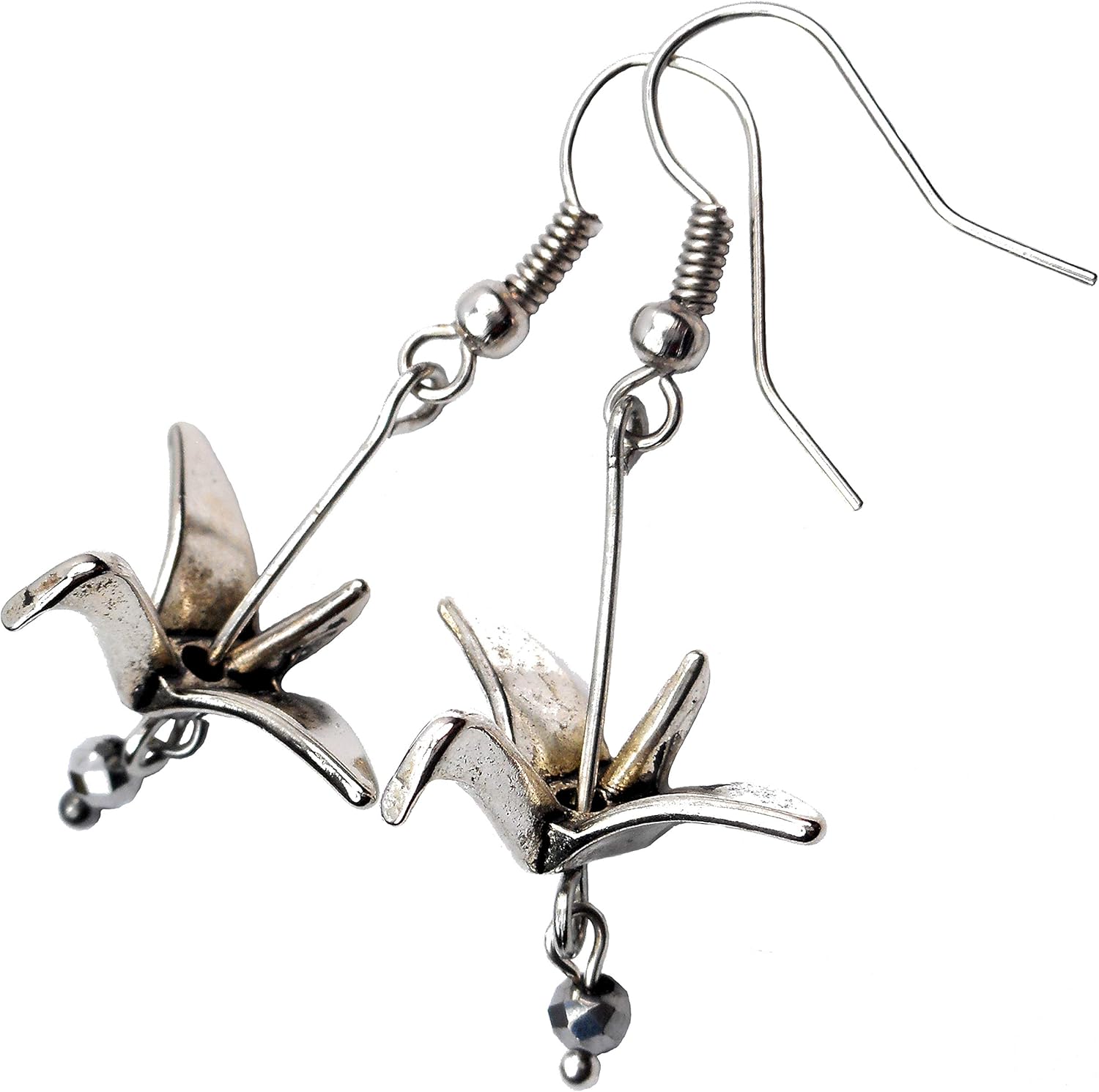 Silver Tone 3D Metal Origami Crane with Glass Bead Earrings, Longevity Good Luck Birthday Gift