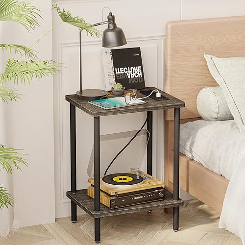 Miniatura 5 de Fixwal Mesita de noche de 2 niveles con estación de carga, juego de 2, mesa auxiliar con puertos USB y tomas de corriente, mesa auxiliar para sala