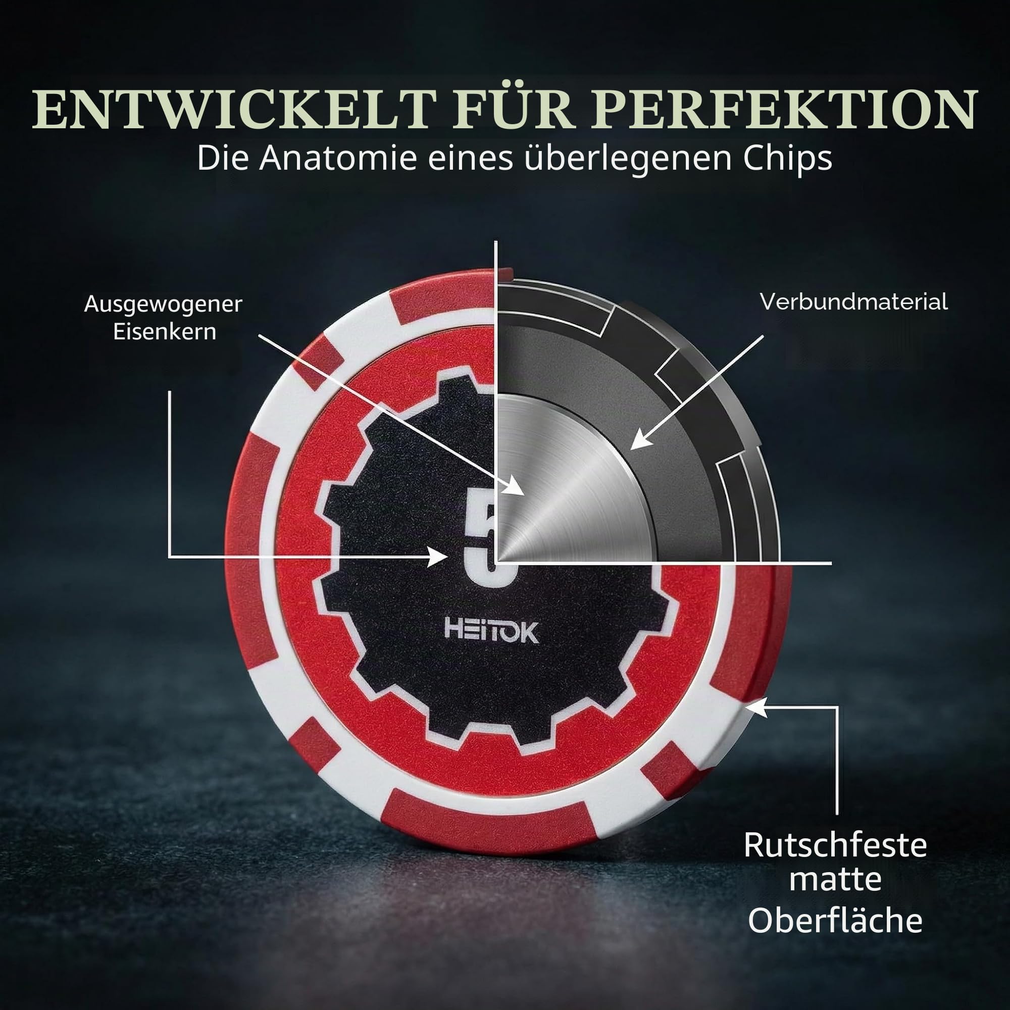 HEITOK Poker Koffer 300 Chips Set – 11,5g Pokerchips mit Wertaufdruck, Alu-Koffer, Karten, Würfel & Button | 2-8 Spieler, gut lesbare Werte, Blackjack, Karten, Würfel, Dealer und Small/Big Blind Buttons, Pokerrunden, Kartenspielabende