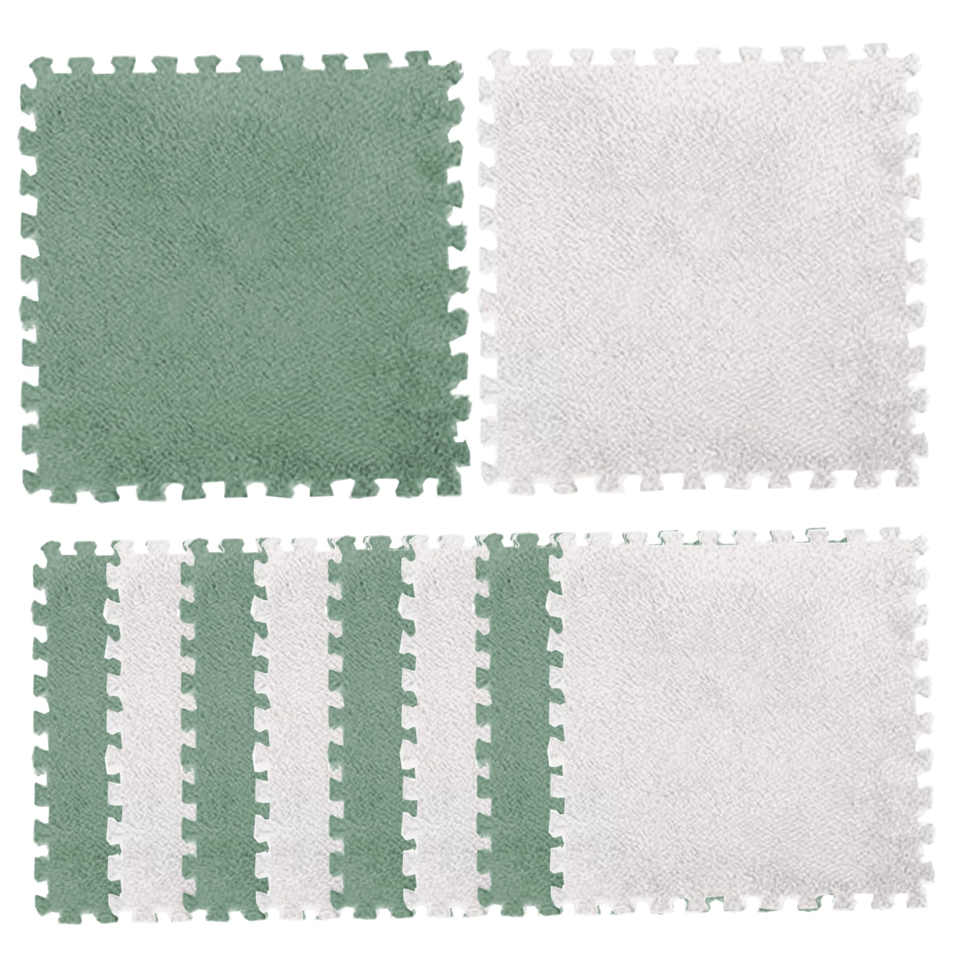Muzrunq Foam Floor Tiles 10 Pcs Plush Foam Floor Mat 11.8x11.8 Inch Square Interlocking Carpet Foam Tiles Fluffy Baby Climbing Play Mat Grey Green Foam Floor Tiles
