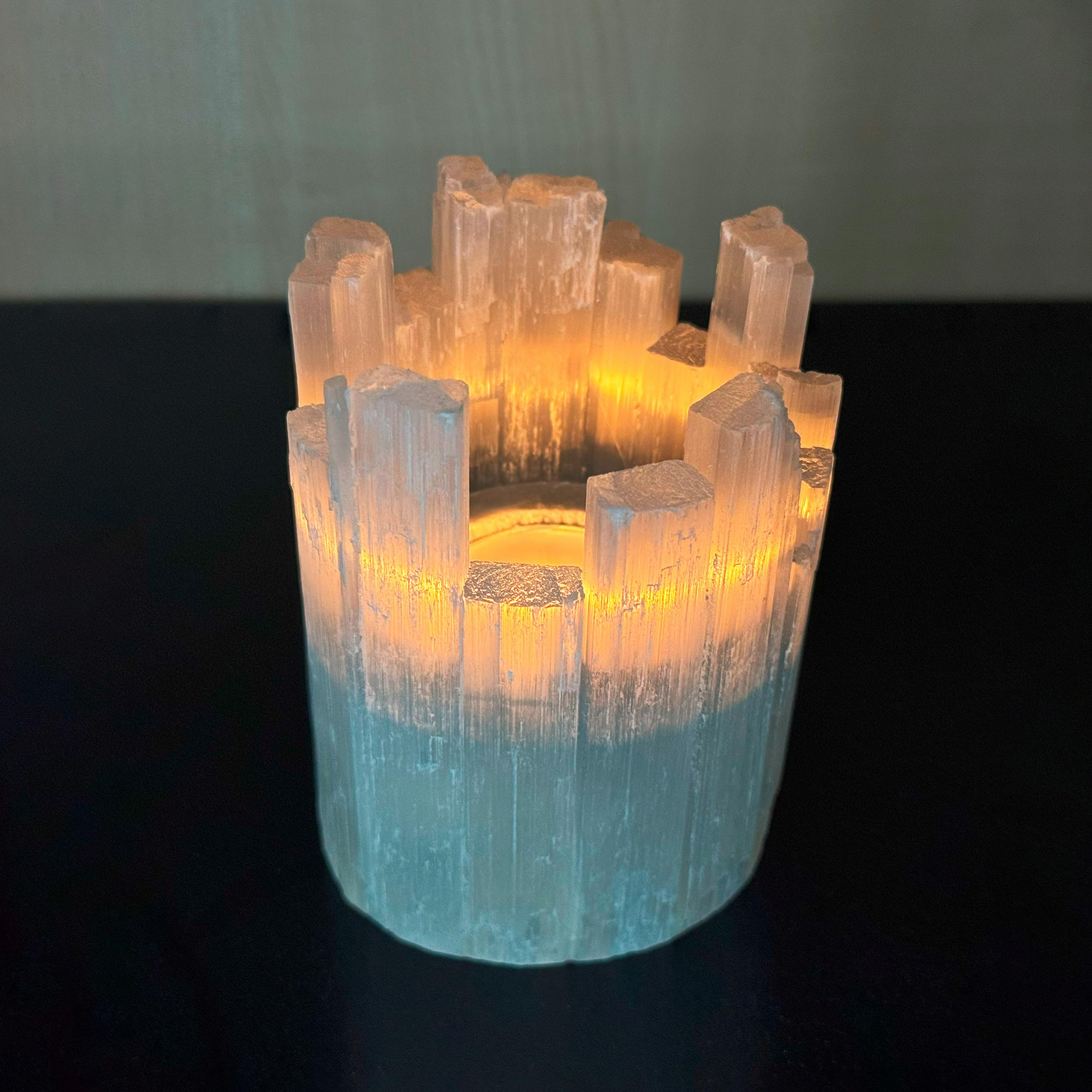 NKlaus 2 portacandele a torre selenite 12,5 x 10 cm – Grande set di portacandele in cristallo per meditazione, lavoro energetico e armonia spaziale