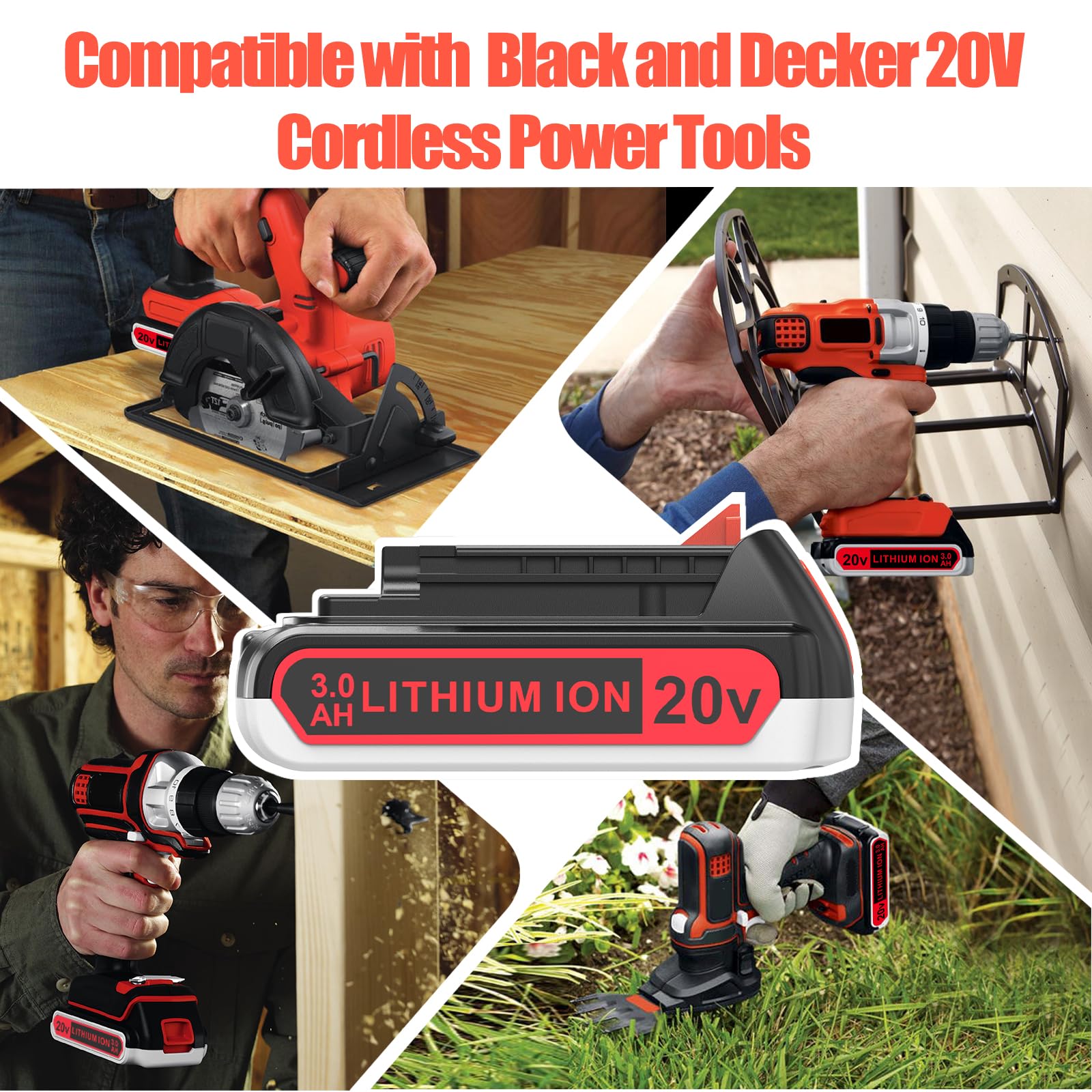 Confezione da 2 batterie e caricabatterie da 3000 mAh 20 V MAX, ricambio per batteria al litio Black and Decker da 20 V, compatibile con tutti gli utensili elettrici e caricabatterie