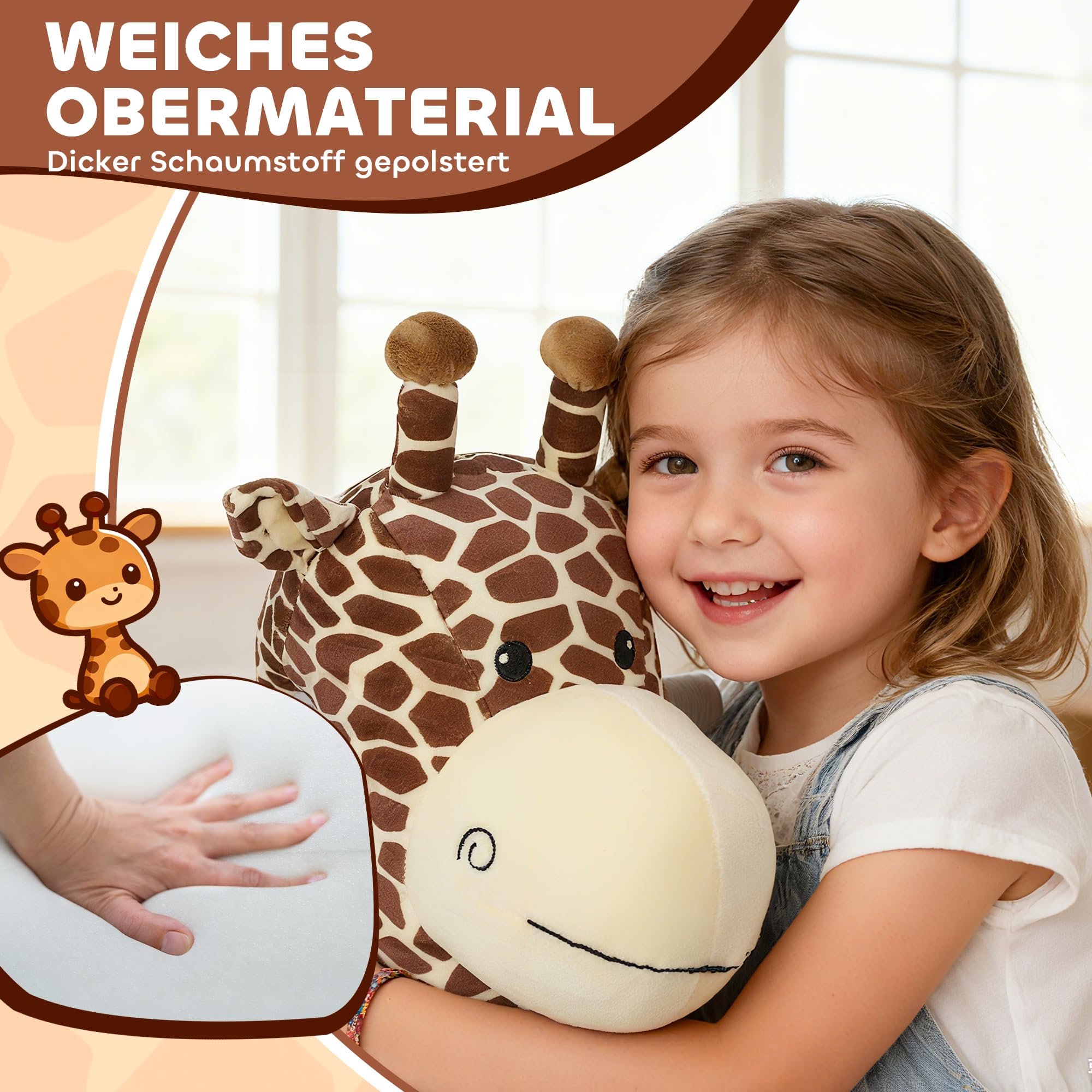AIYAPLAY Kinder Elektroauto in Giraffenform 6V für 1,5-5 Jahre Braun | Batteriebetriebenes Kinderfahrzeug, Mit Musik, Fußpedal, Waschbar Plüschbezug, Leise Räder, 1,8-3 km/h, Elektrisches Pferd