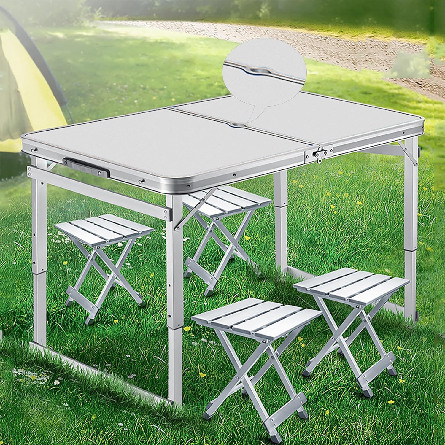Folding Picnic Table,Aluminum Camping Table with Umbrella Hole,Portable Outdoor Dining Table with 4 Aluminum Stools,Heights Adjustable for Outdoor Camping BBQ Party（Color：White）