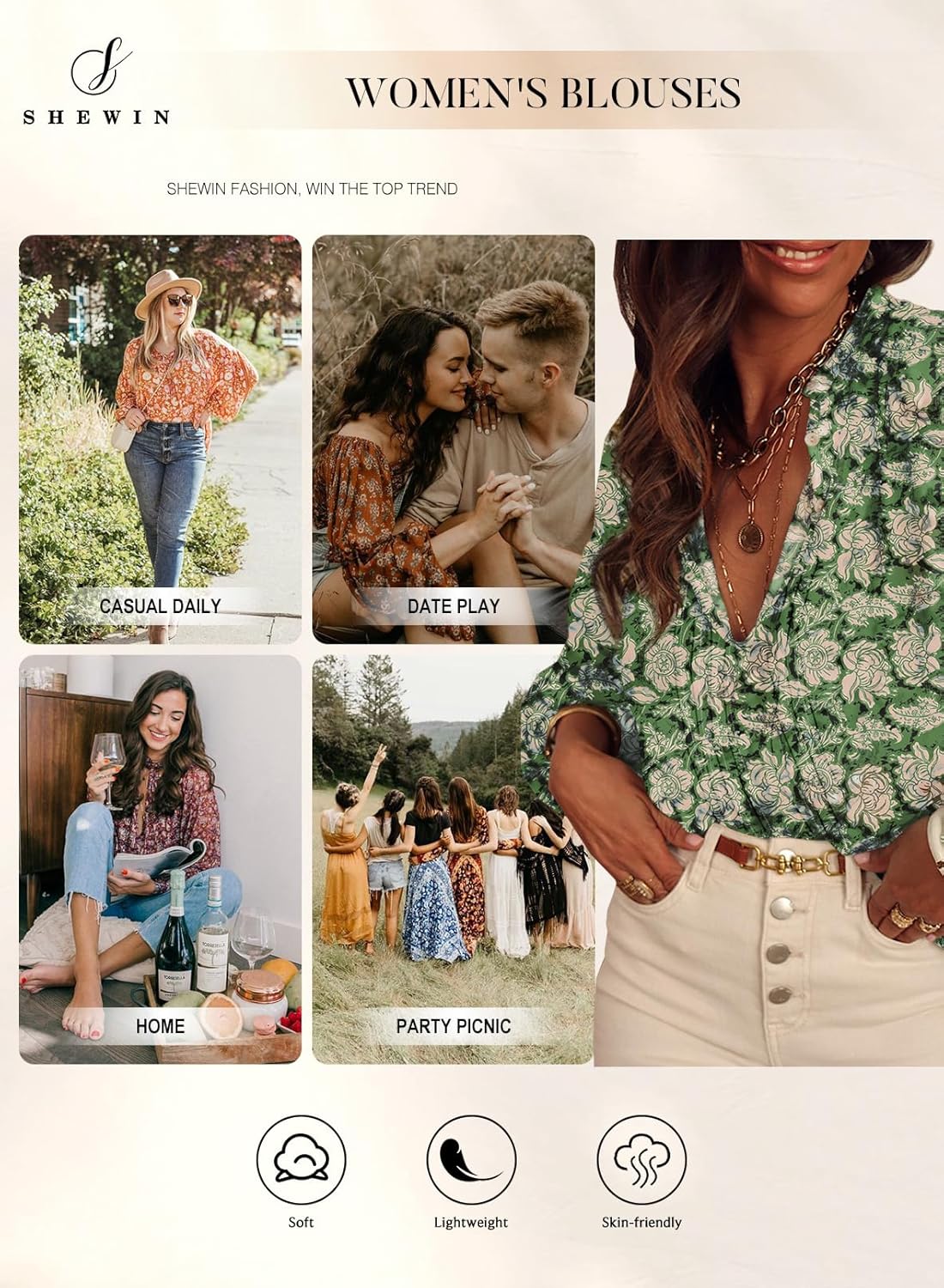 SHEWIN Women's Tops Casual V Neck Long Sleeve Shirts Floral Boho Blouses Tunics - Image 4