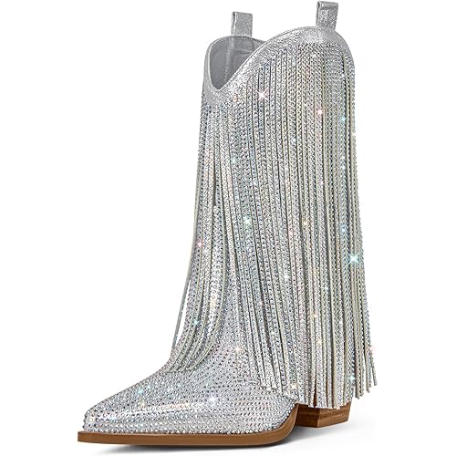 Ouepiano Cowboy Boots for Women - Cowgirl Rhinestone Boots with Sparkly Fringe Pointed Toe Western Boot Chunky Heel Pull-On Wide Calf Botas Vaqueras