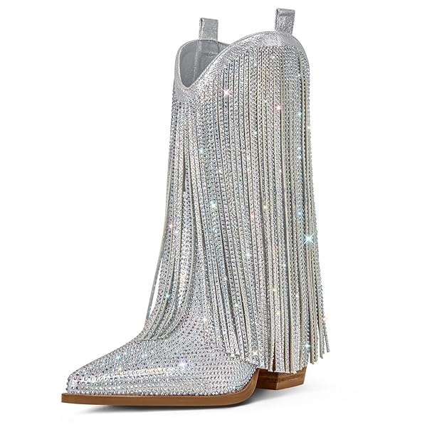 Ouepiano Cowboy Boots for Women - Cowgirl Rhinestone Boots with Sparkly Fringe Pointed Toe Western Boot Chunky Heel Pull-On Wide Calf Botas Vaqueras