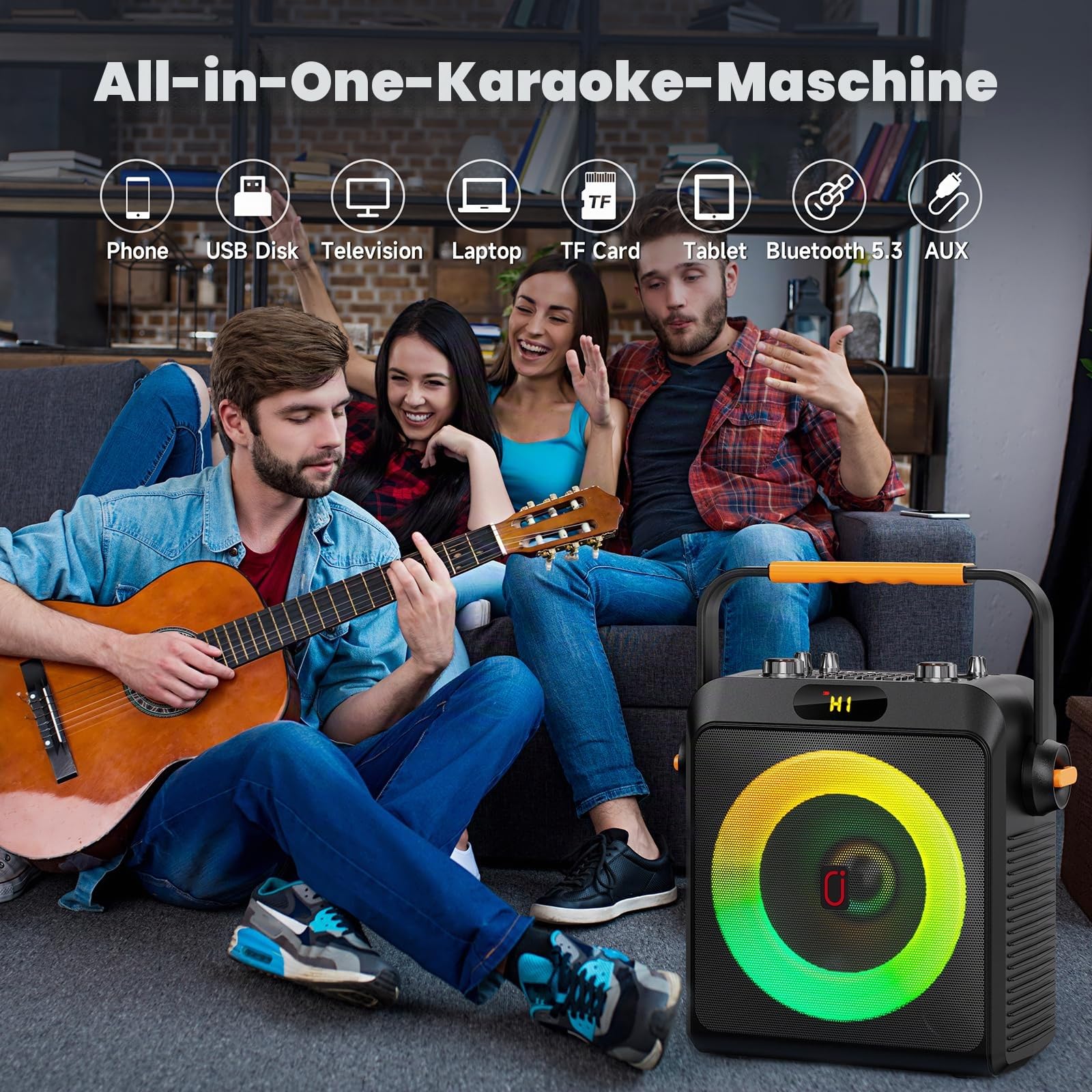 JYX Karaoke Anlage mit 2 Mikrofonen, Karaoke Maschine & tragbare Karaoke-Box mit Bluetooth 5.3, Bass- & Echo-Regler, TWS, USB, AUX, TF-Karte, für Partys und Outdoor, für Erwachsene und Kinde