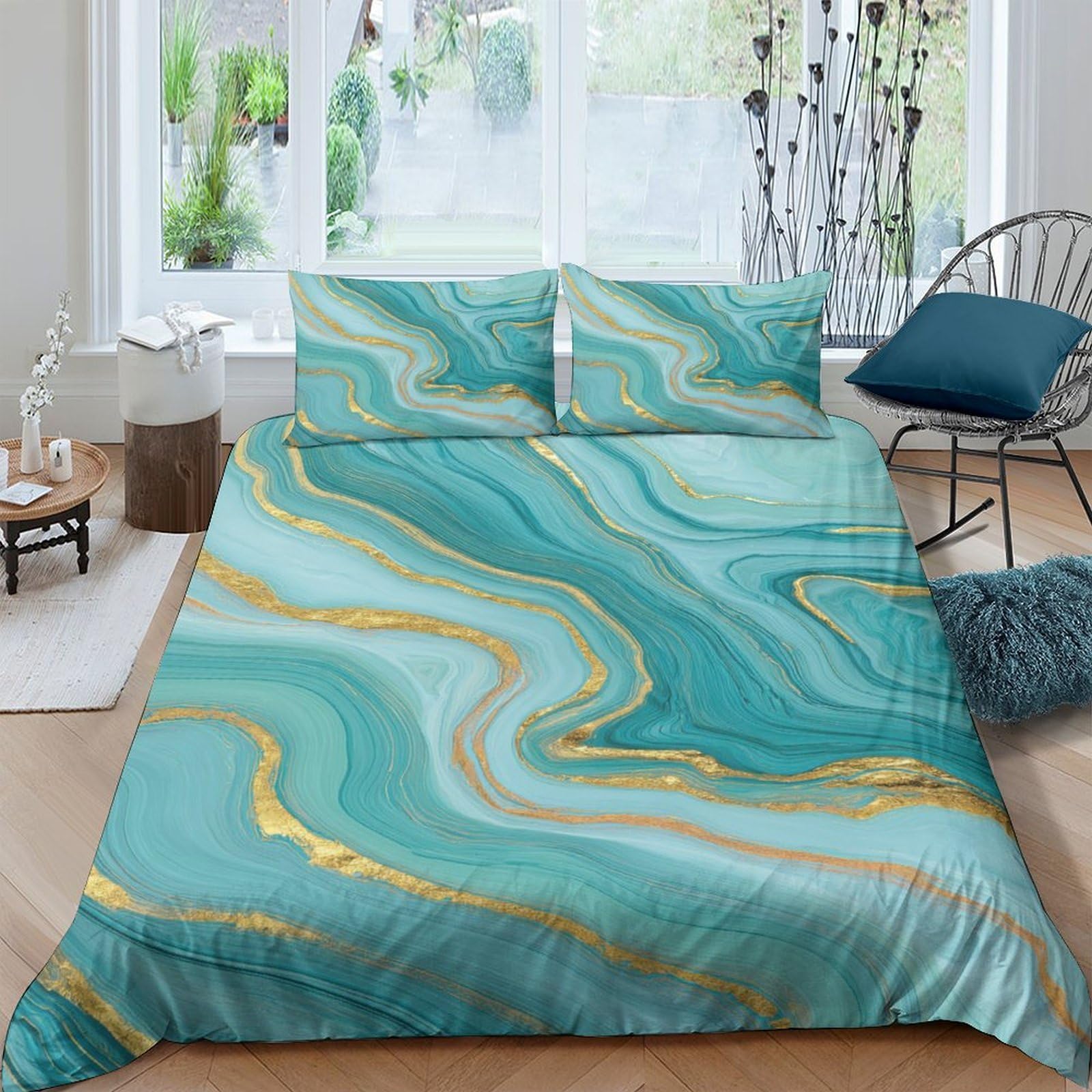 Ctjqhvkz Style-2 3D Printed Turquoise Marble Fitted Sheet Microfiber Soft Bed Cover Gold Vein Pattern For Bedroom Guestroom Decor Single（135X200cm）