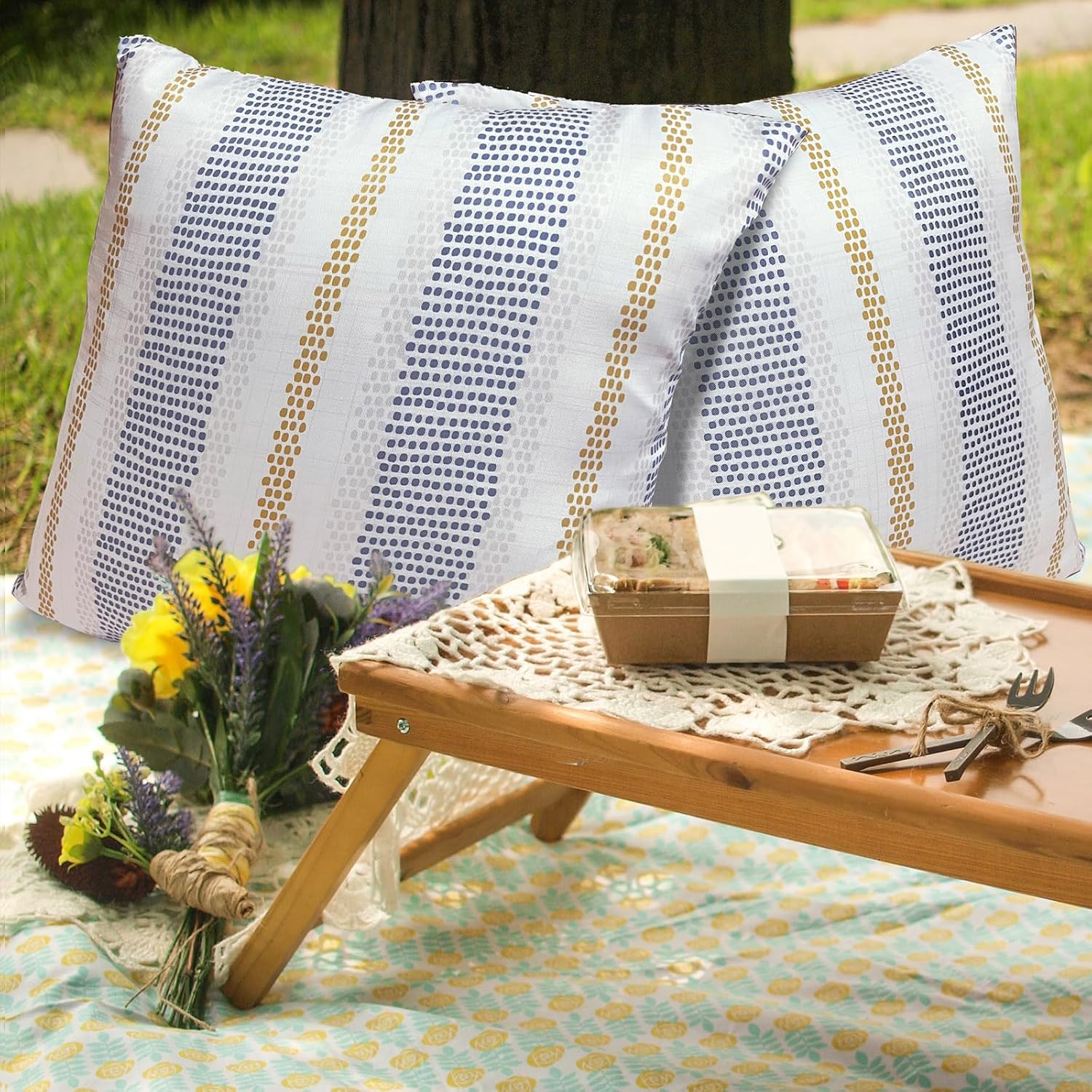 AlanRoye Outdoor Throw Pillow Covers Farmhouse Decorative 18x18inch Set of 2 Blue Yellow Grey Gray Gold Waterproof Stripe for Patio Garden Couch Neutral Beige Aesthetic Linen Modern Pillowcase Blue&yellow 18"W x 18"L,Set of 2