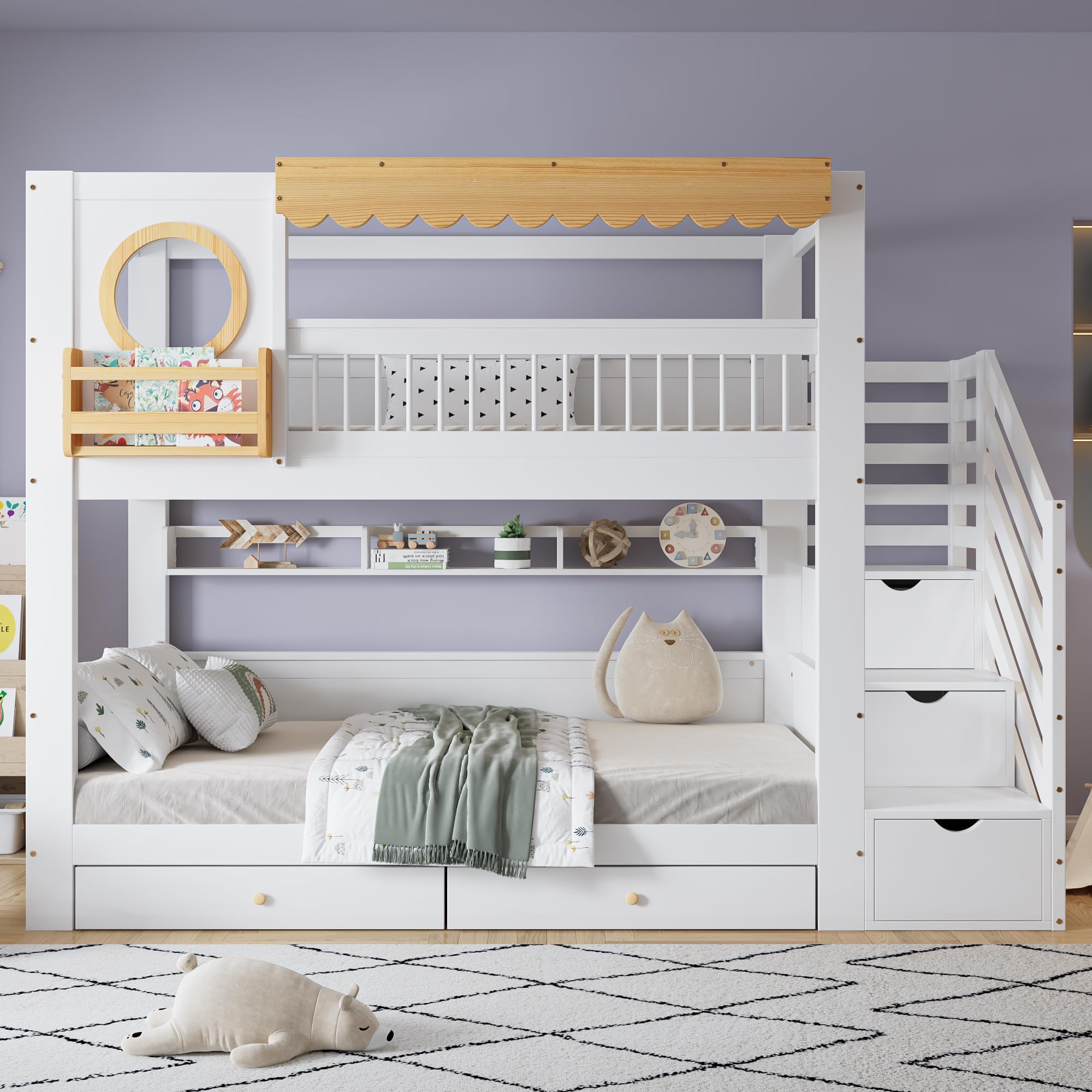 Dolamaní Cama infantil litera, 90 x 200 cm, litera para 2 niños y 2 cajones con ruedas, cama de casa con espacio de almacenamiento, escalera de madera de pino MDF, cama para niñas (sin colchón