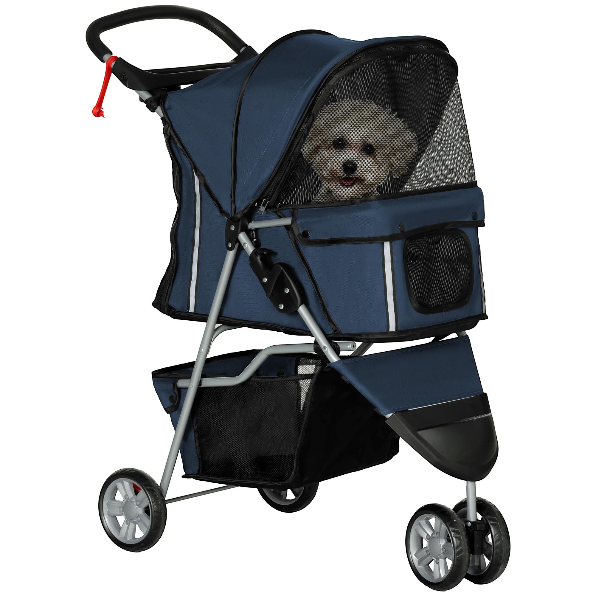 PawHut Poussette Buggy Pliable Animaux, Chariot Pliant Chien Chat, Porte-Gobelet Panier de Rangement Inclus, Roues Avec Frein, Tissu 600D Oxford acier, 75 x 45 x 97 cm Bleu Foncé